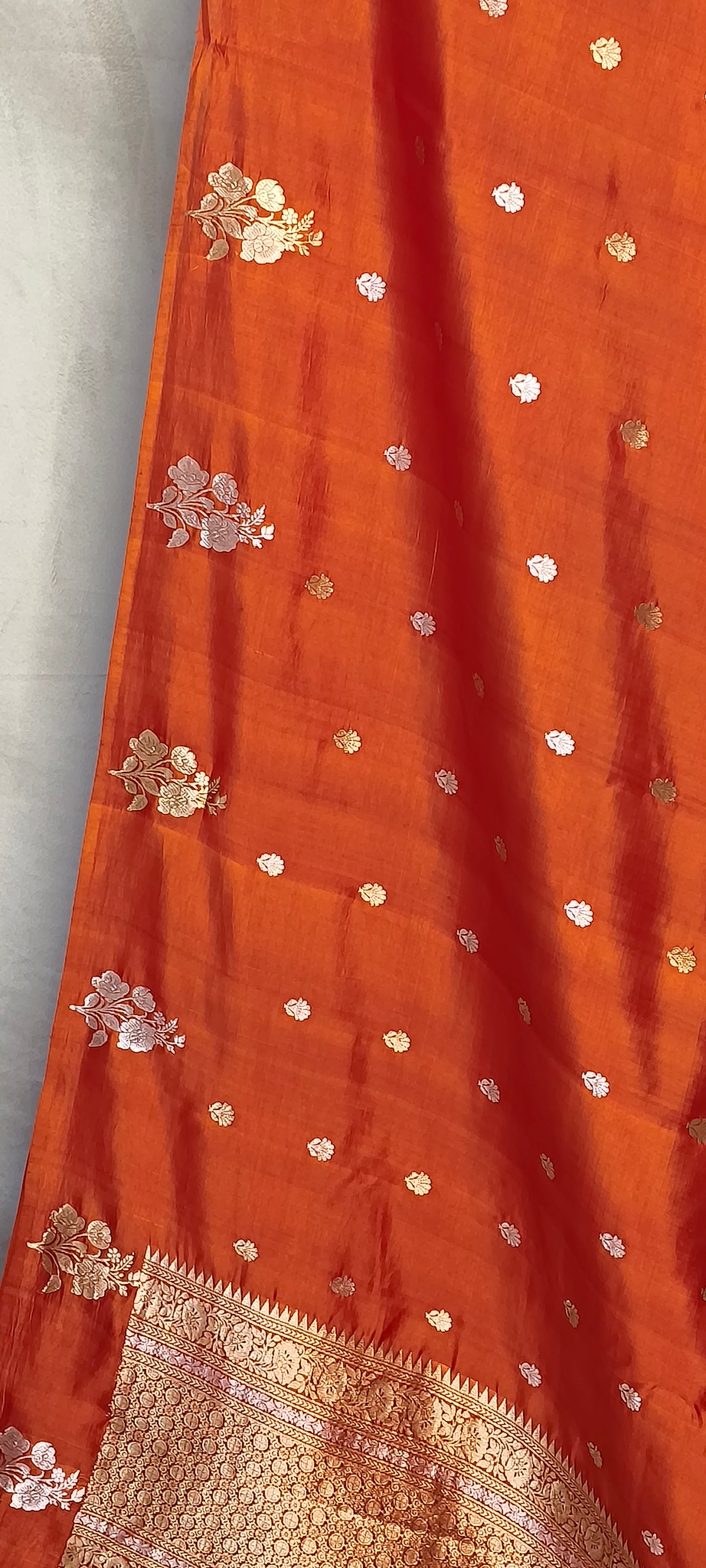 Orange Pure Row Mango Silk Silver Gold Zari Border Aanchal Booti Saree