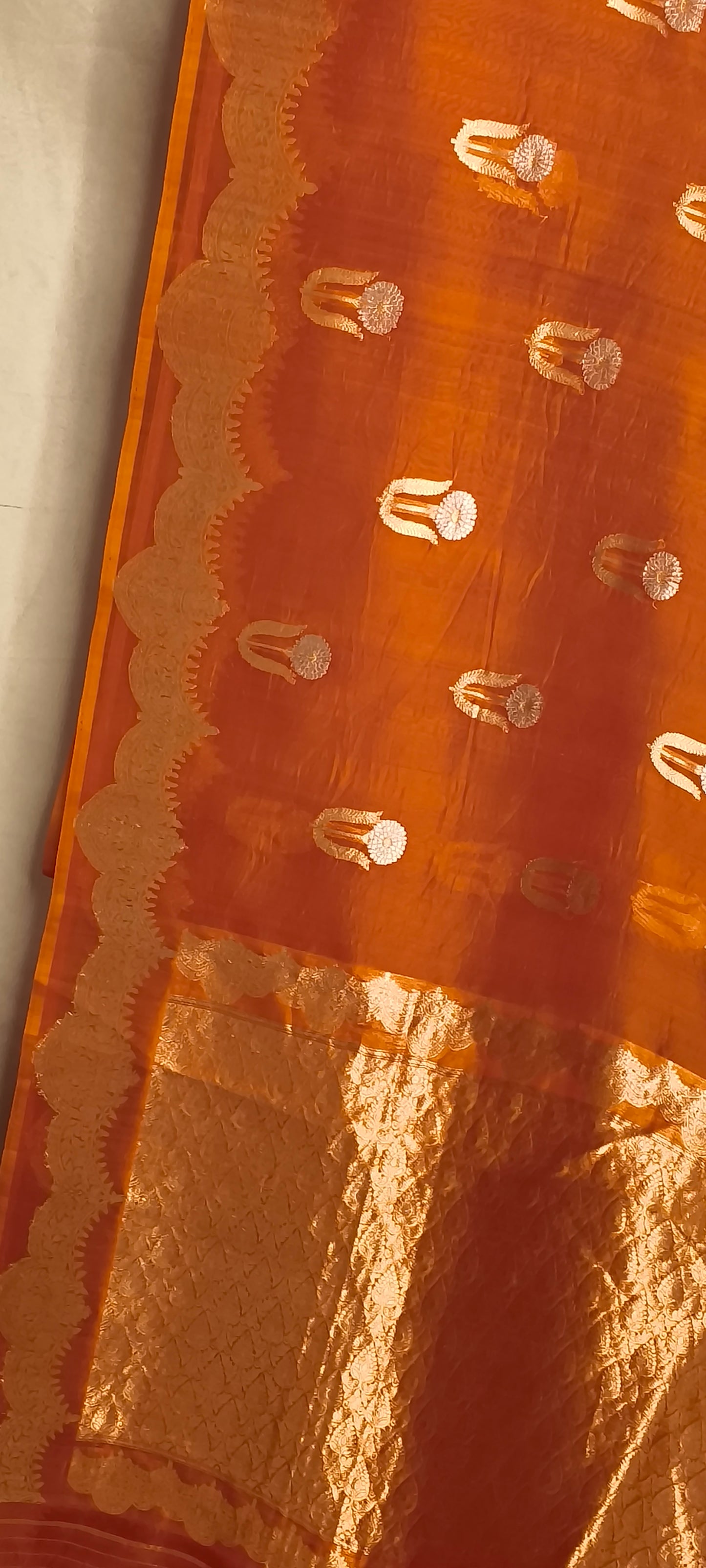 Orange Pure Row Mango Silk Silver Gold Zari Border Aanchal Booti Saree