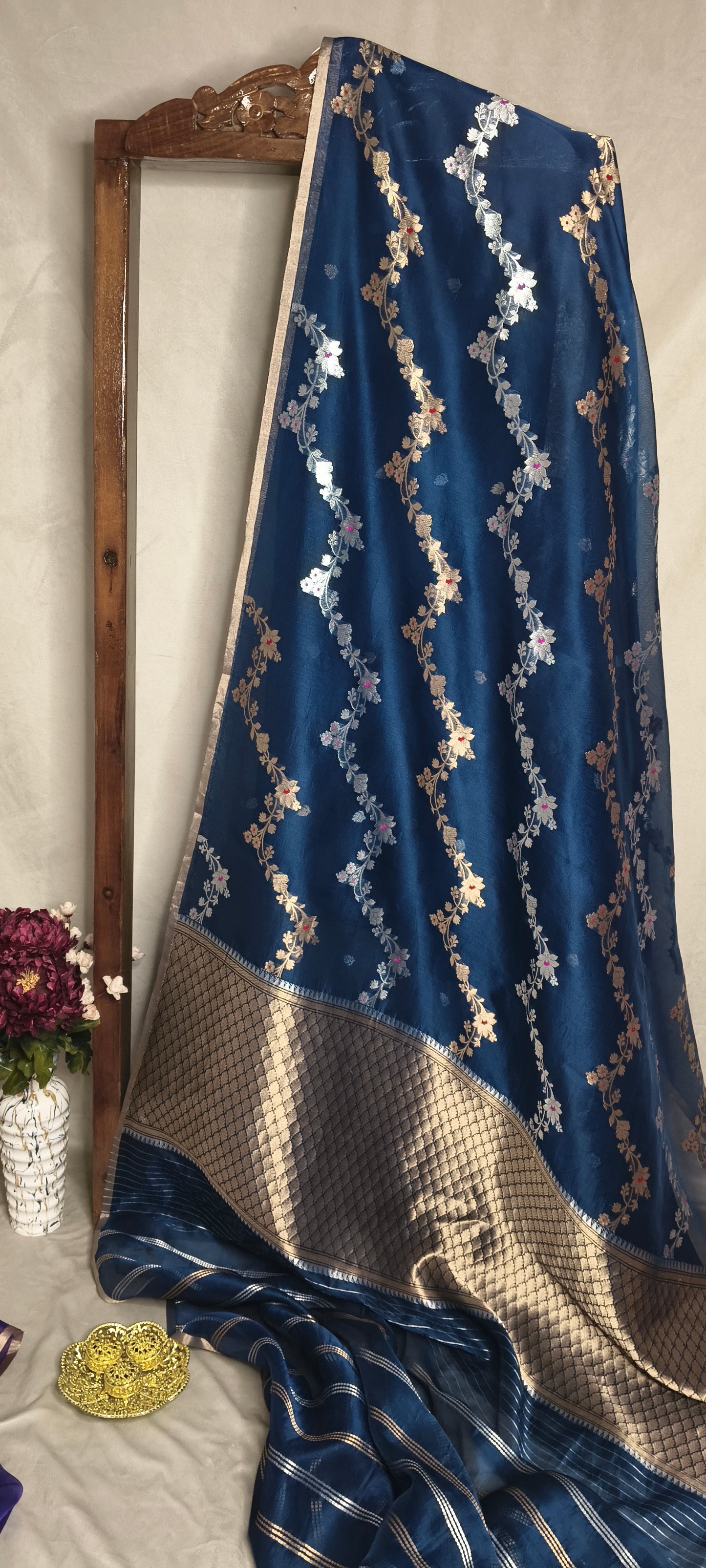 Deep Blue Pure Tissue Silk Silver Gold Zari Zig-Zag Design Saree