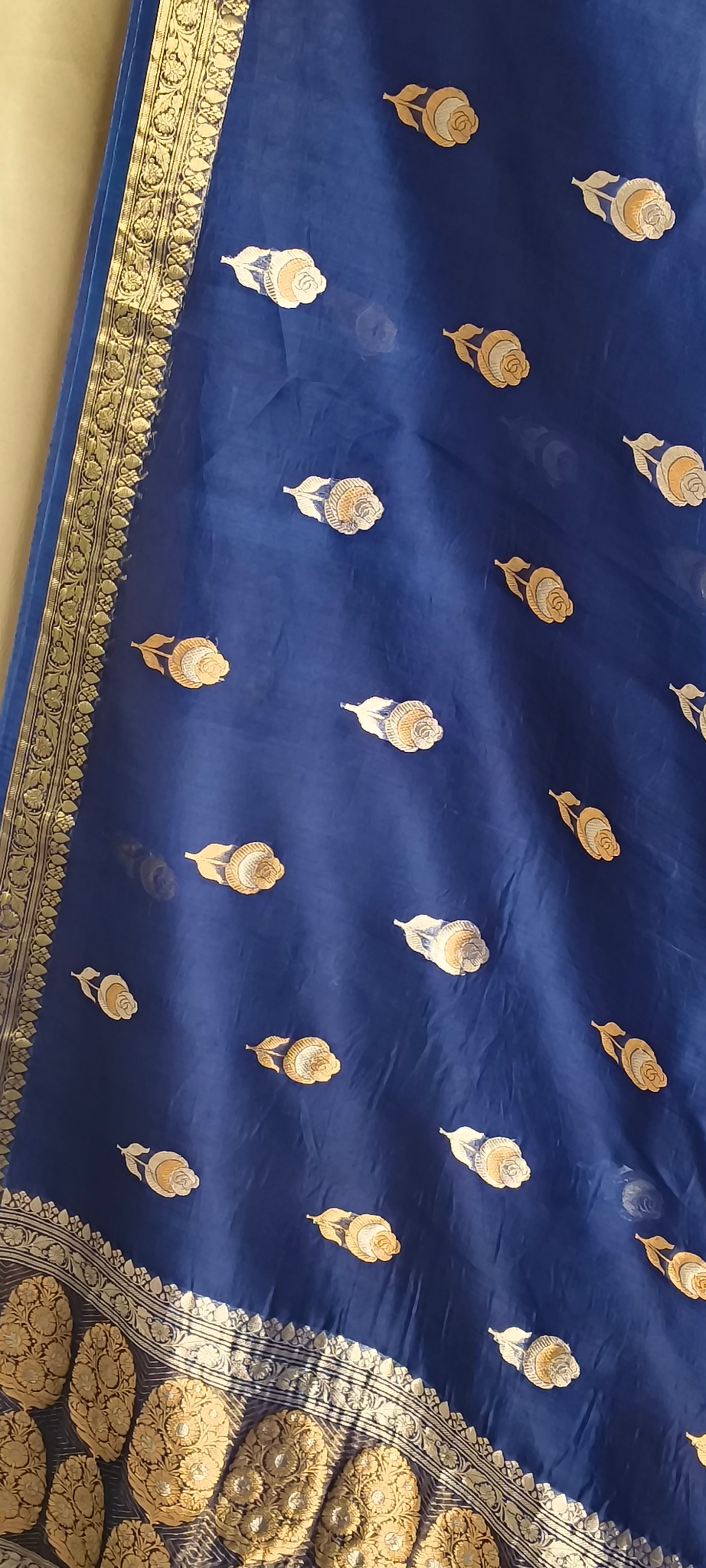 Navy Blue Pure Tissue Silk Silver Gold Zari Booti Saree