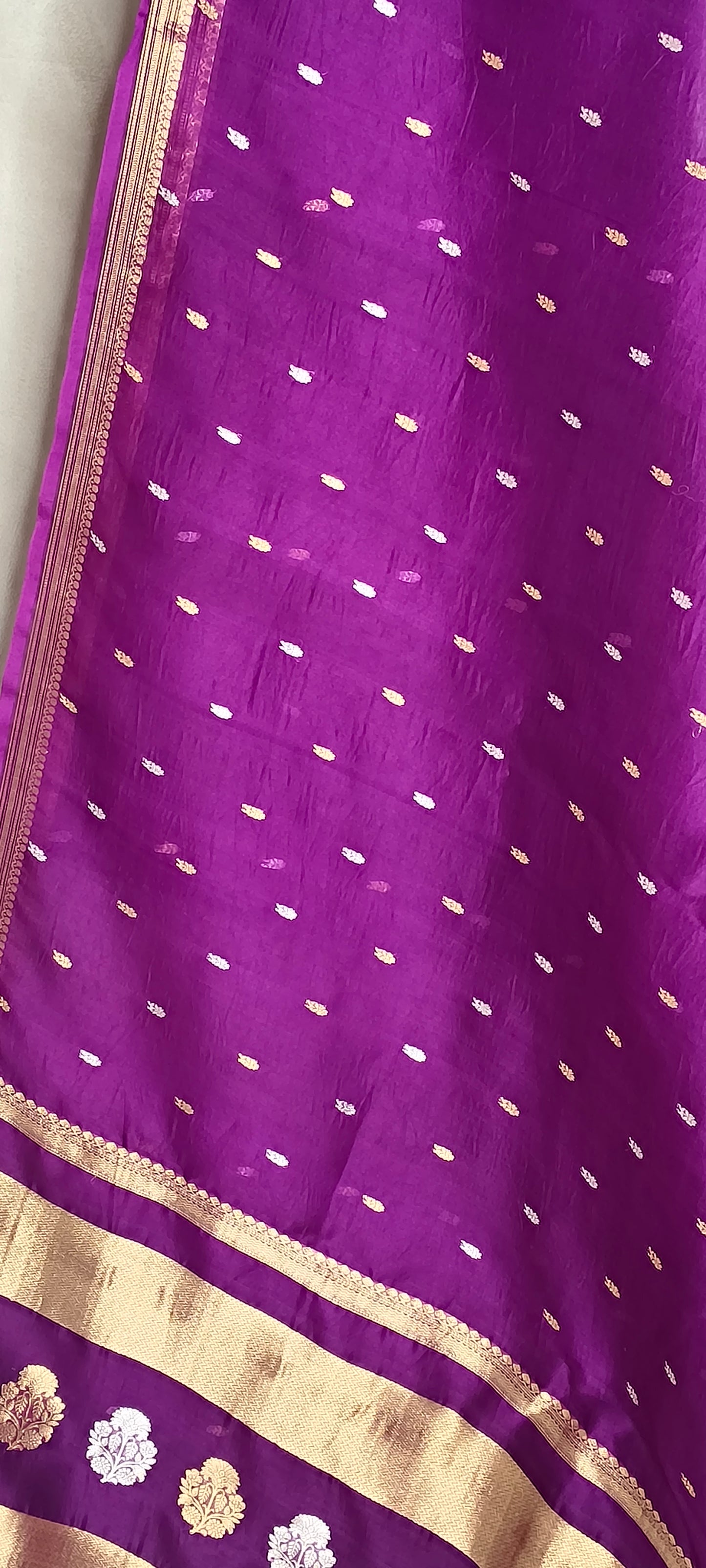 Purple Pure Tissue Silk Silver Gold Zari Booti Saree