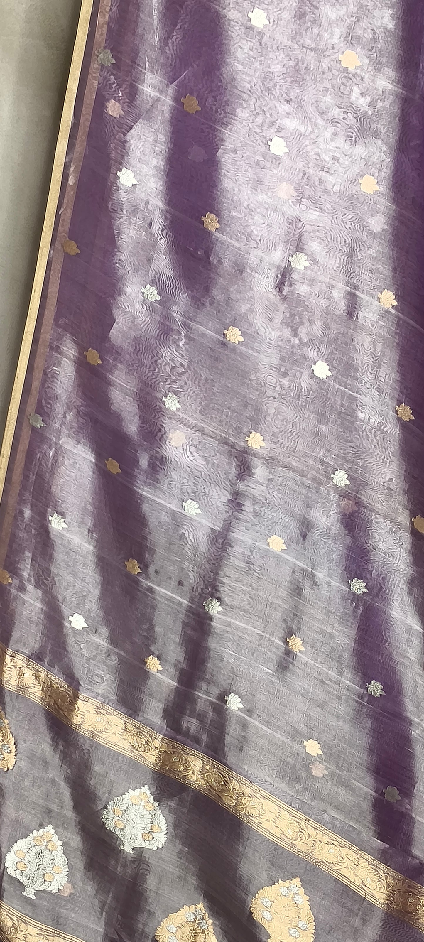 Lavender Pure Tissue Silk Silver Gold Zari Booti Saree