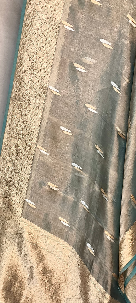 Grey Pure Tissue Silk Silver Antique Zari Booti Saree