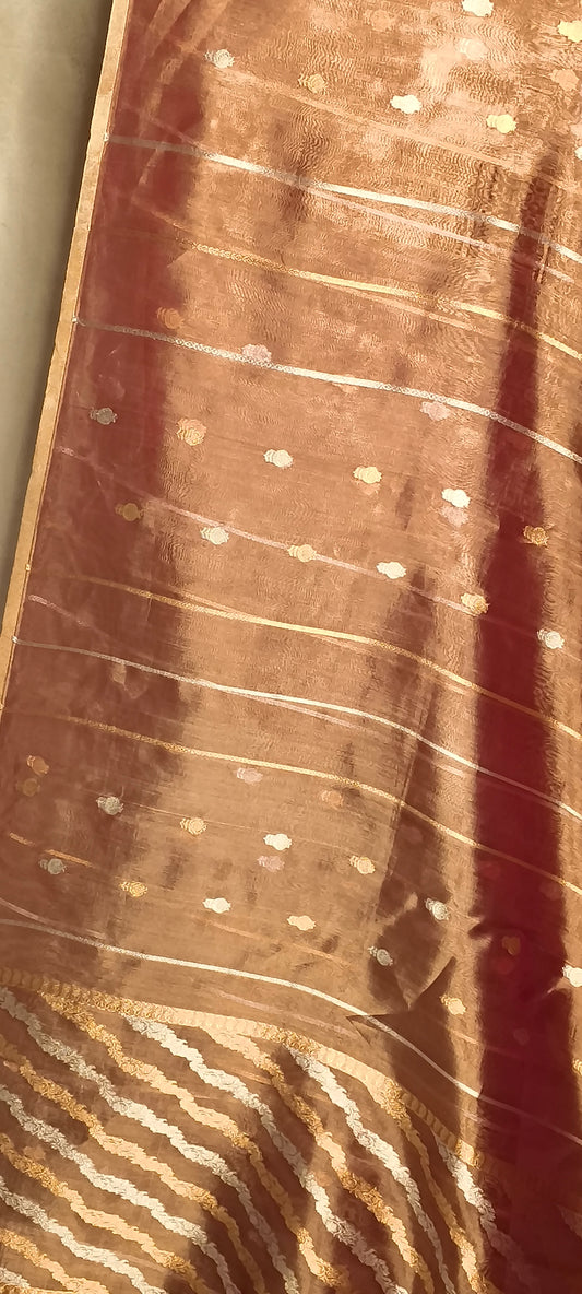 Peach Pure Tissue Silk Silver Antique Zari Booti Saree
