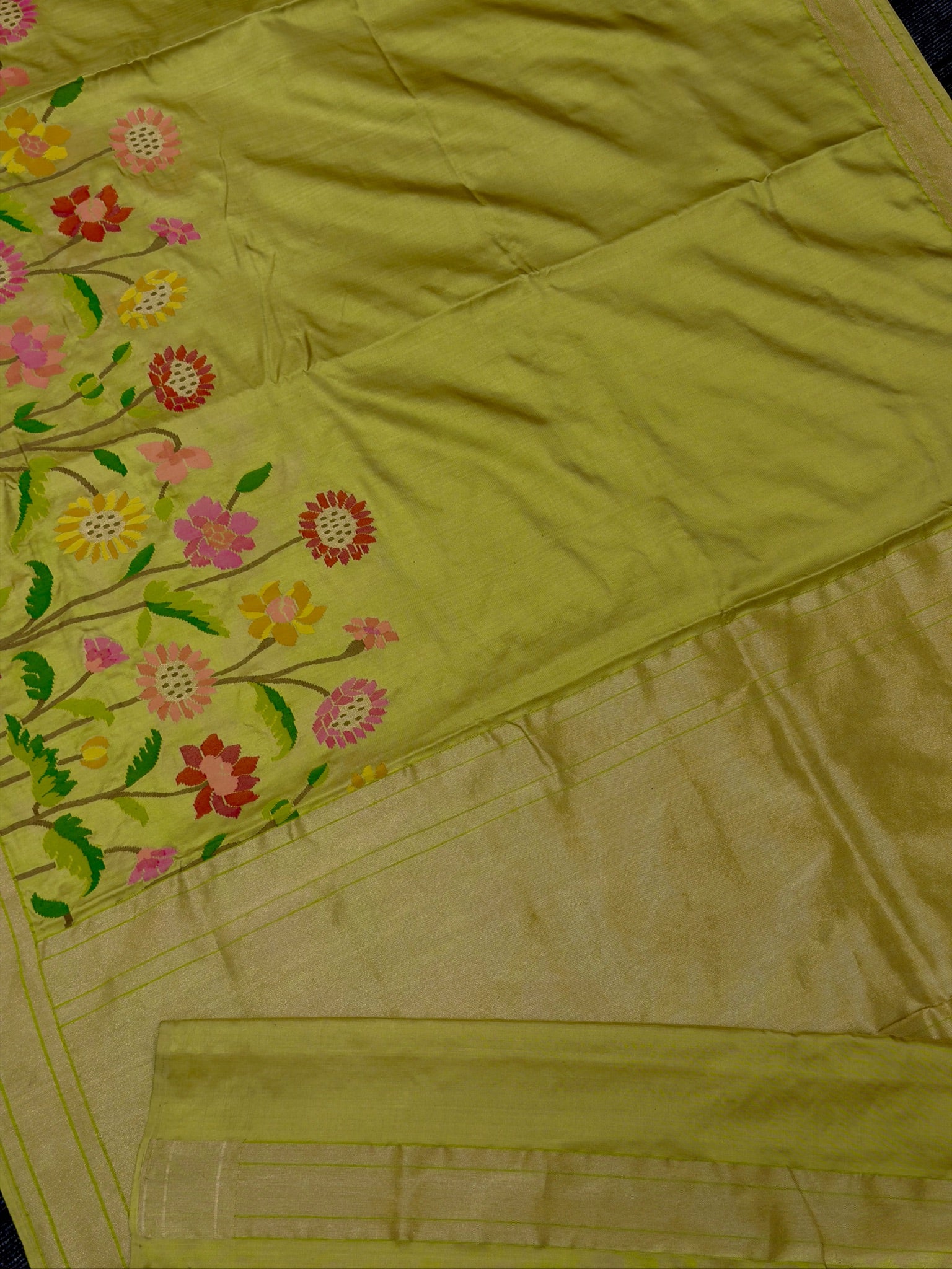 Olive Green Pure Banarasi Ektara Mulberry Silk Jamdani With Skrt Border Handwoven Saree