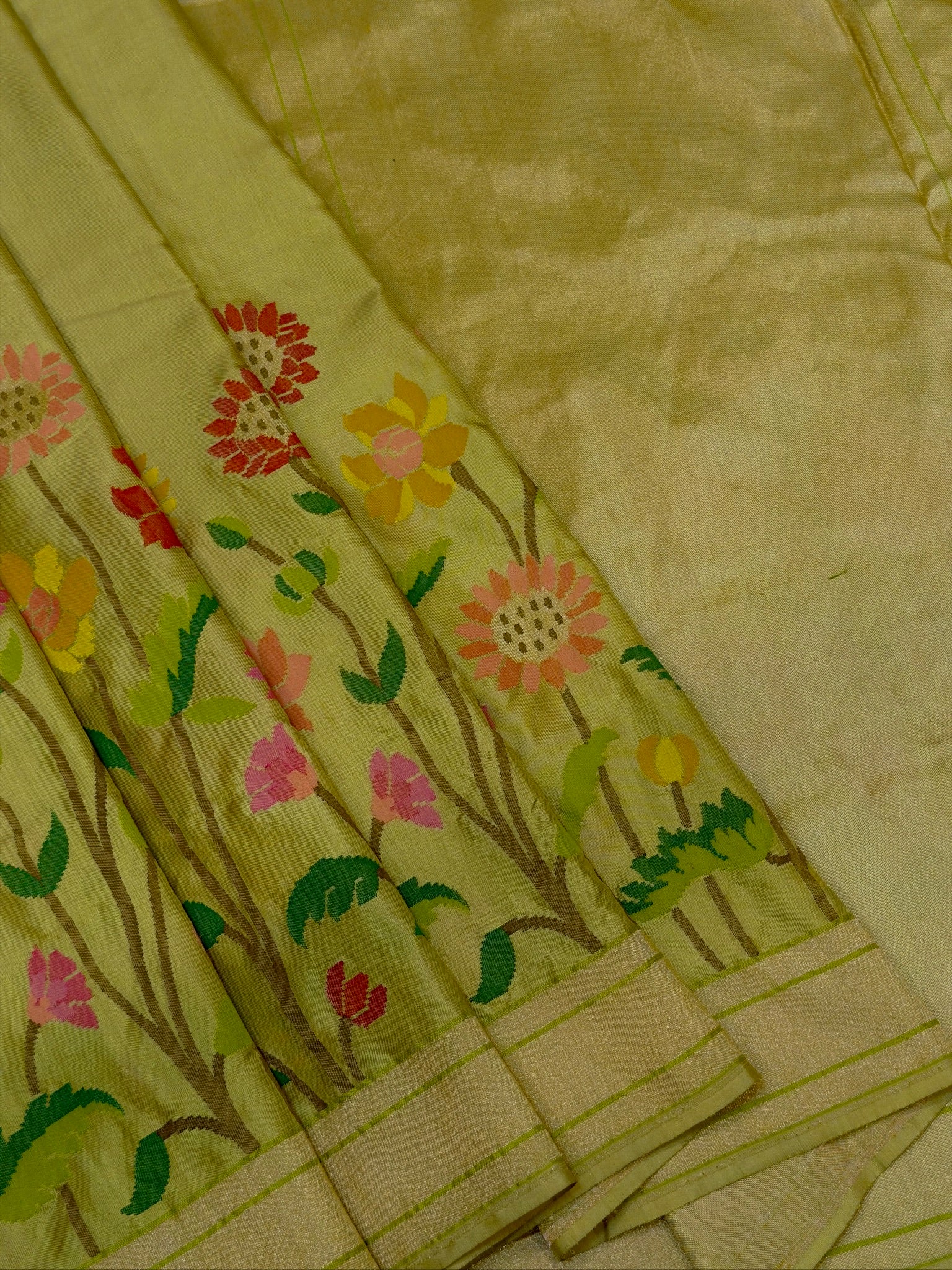 Olive Green Pure Banarasi Ektara Mulberry Silk Jamdani With Skrt Border Handwoven Saree
