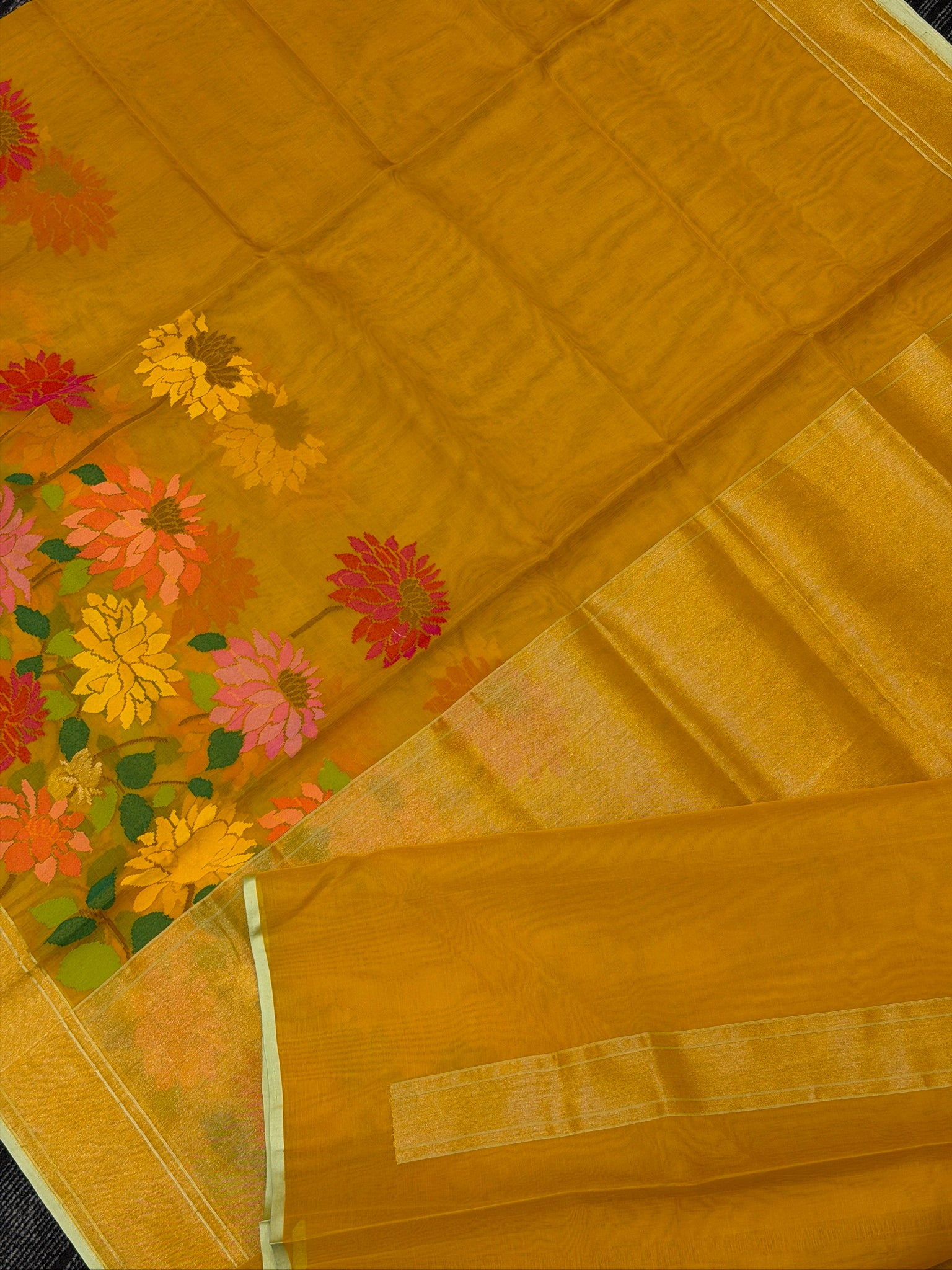 Pure Kora Organza Silk Jamdani Saree in Yellow with Skrt Border Handwoven Saree