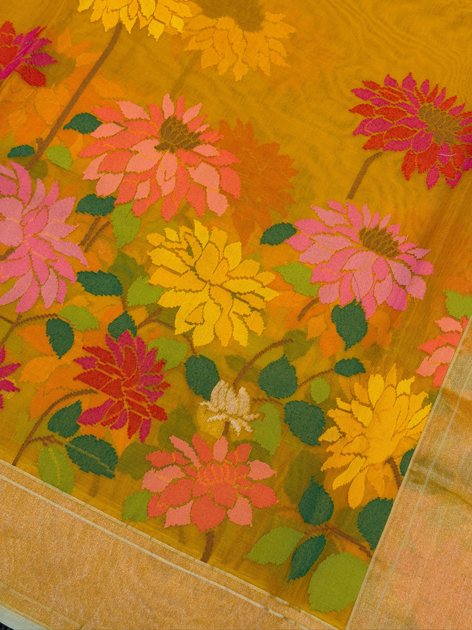 Pure Kora Organza Silk Jamdani Saree in Yellow with Skrt Border Handwoven Saree