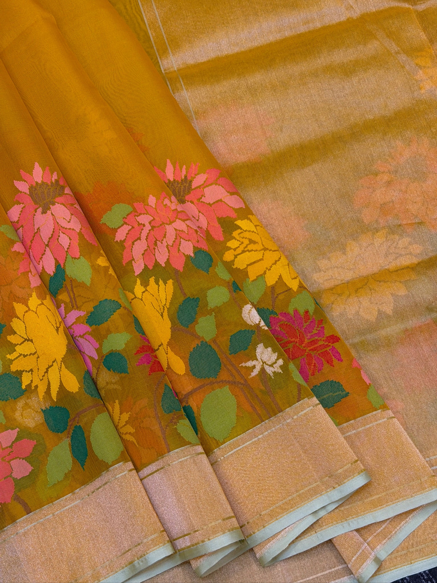 Pure Kora Organza Silk Jamdani Saree in Yellow with Skrt Border Handwoven Saree