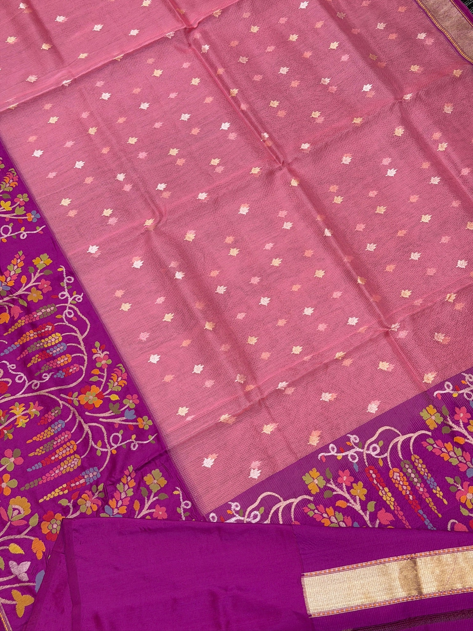 Pure Kora Organza Silk Jamdani Saree in Candy Pink Handwoven Saree