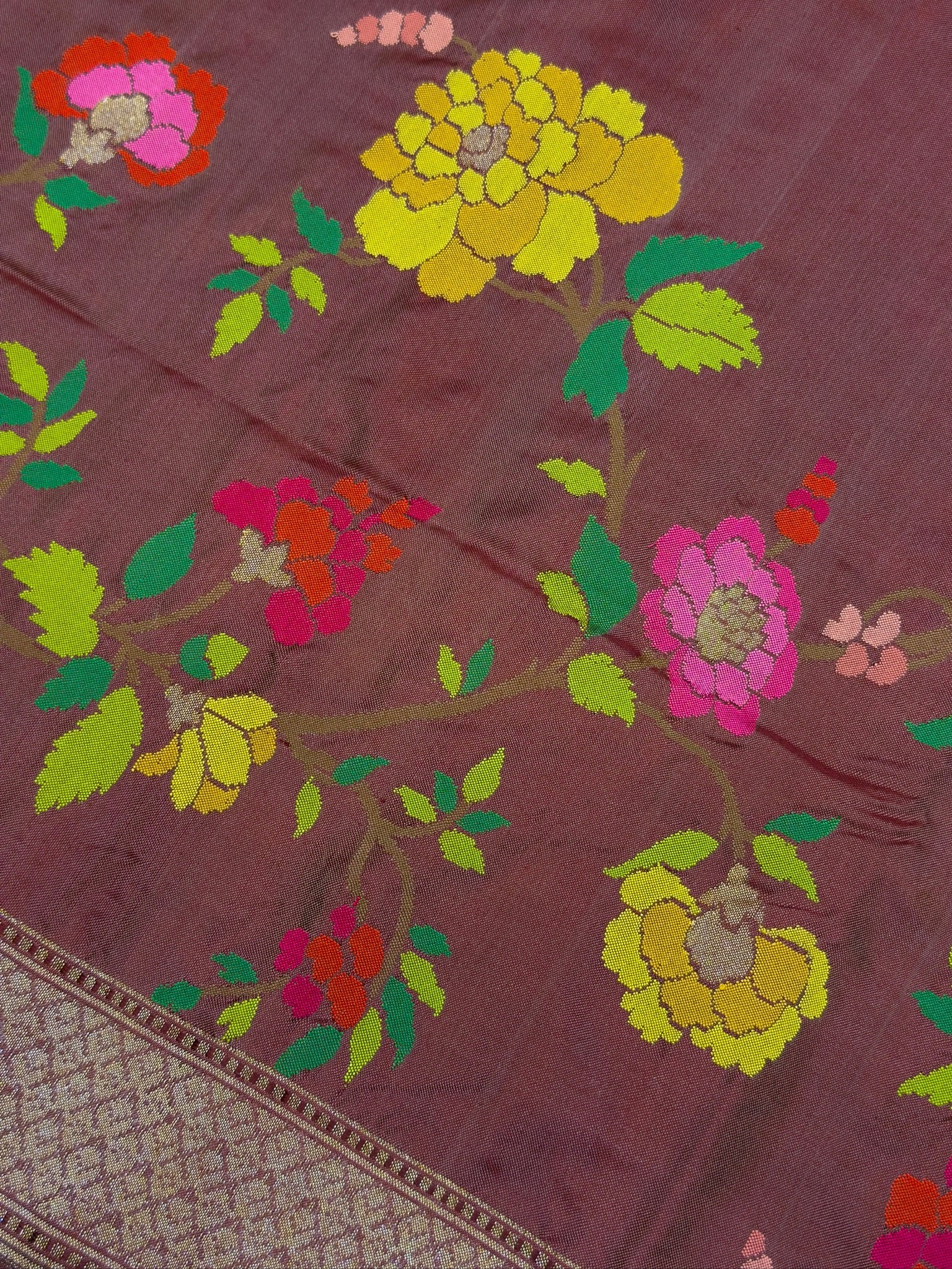 Coffee Brown Pure Banarasi Ektara Mulberry With Skrt Border Silk Handwoven Saree