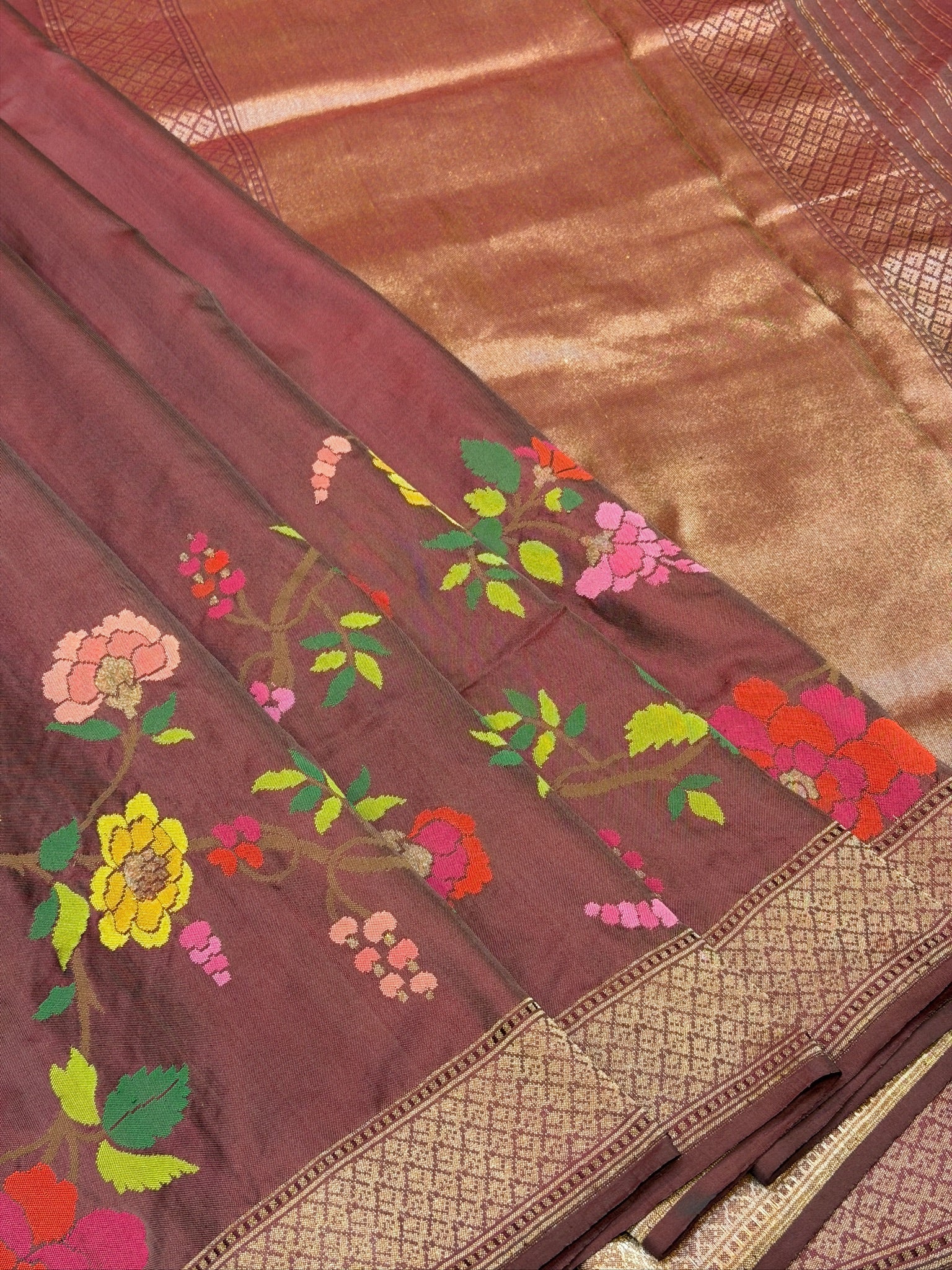 Coffee Brown Pure Banarasi Ektara Mulberry With Skrt Border Silk Handwoven Saree