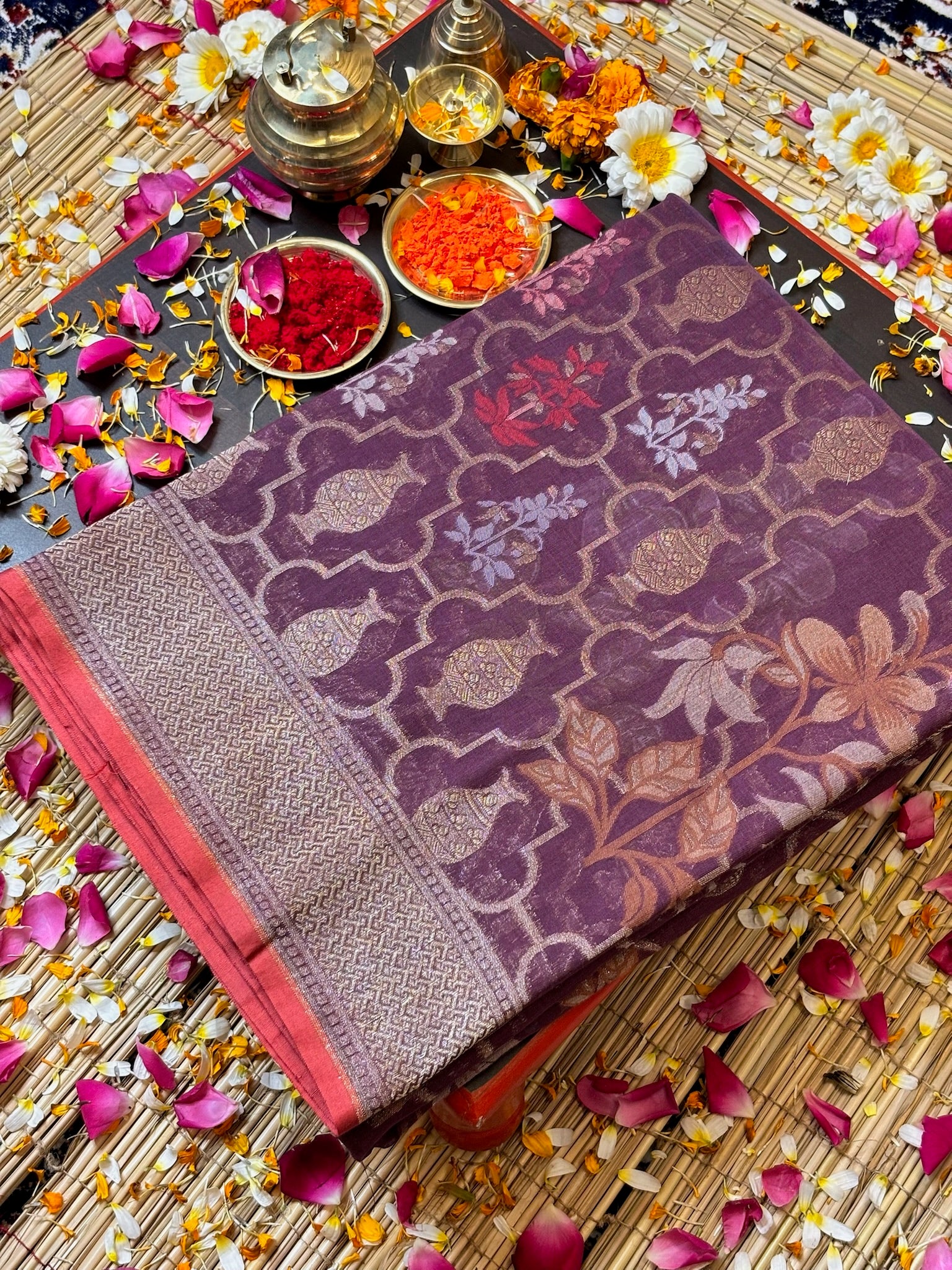 Pure Cotton Jamdani Saree | Elegant Mulberry Wine Design