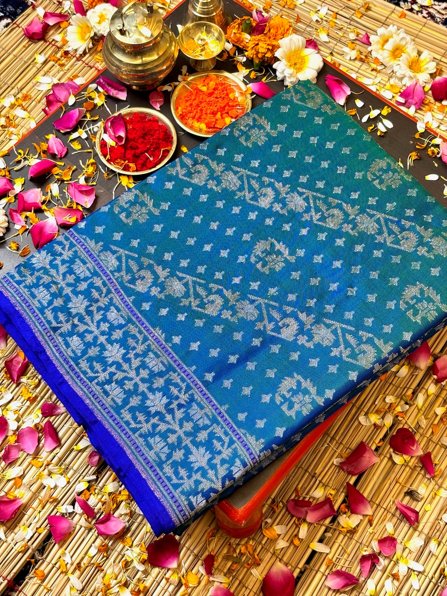 Pure Ektara Silk Jamdani Saree | Elegant Teal Blue Design