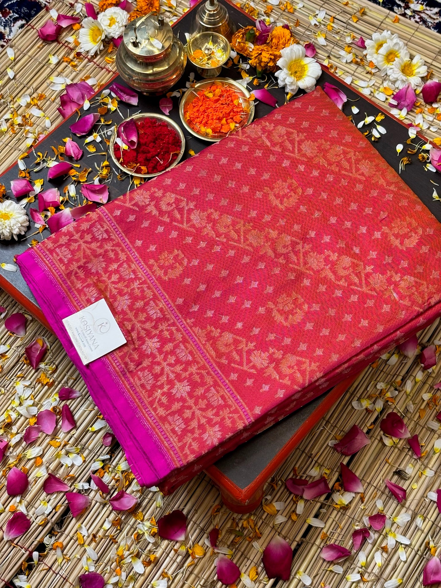 Pure Ektara Silk Jamdani Saree | Elegant Rust Red Design