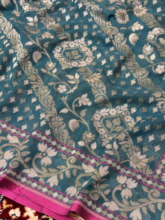 Pure Ektara Silk Jamdani Saree | Elegant Teal Blue Design