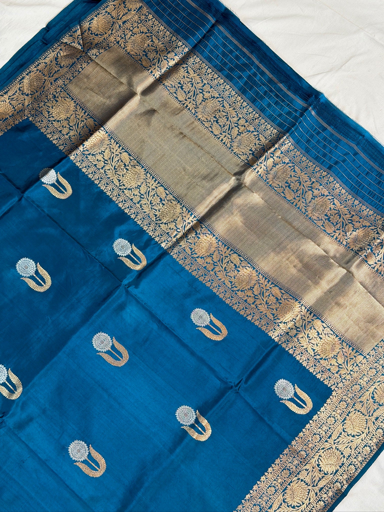 Teal Blue 100% Pure Soft Katan Silk Handwoven Saree