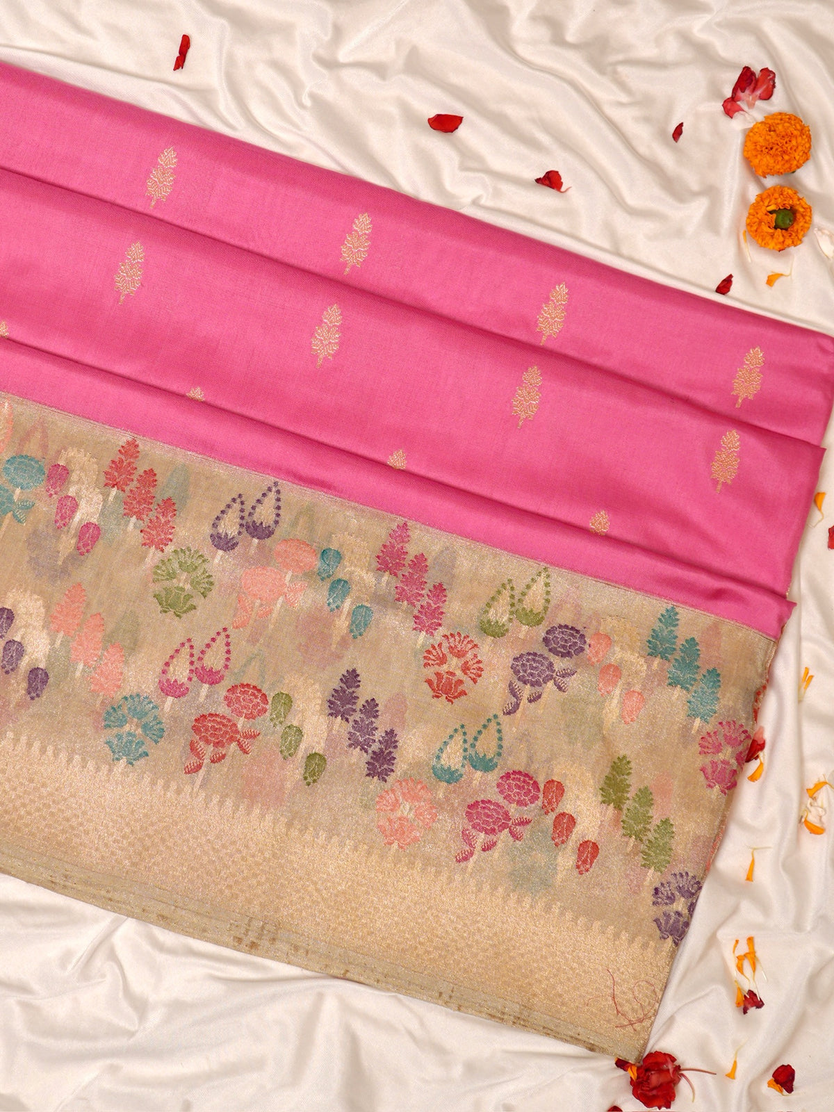 Pink Pure Ekata Silk Kadiyal Border jamdani Banarasi Saree