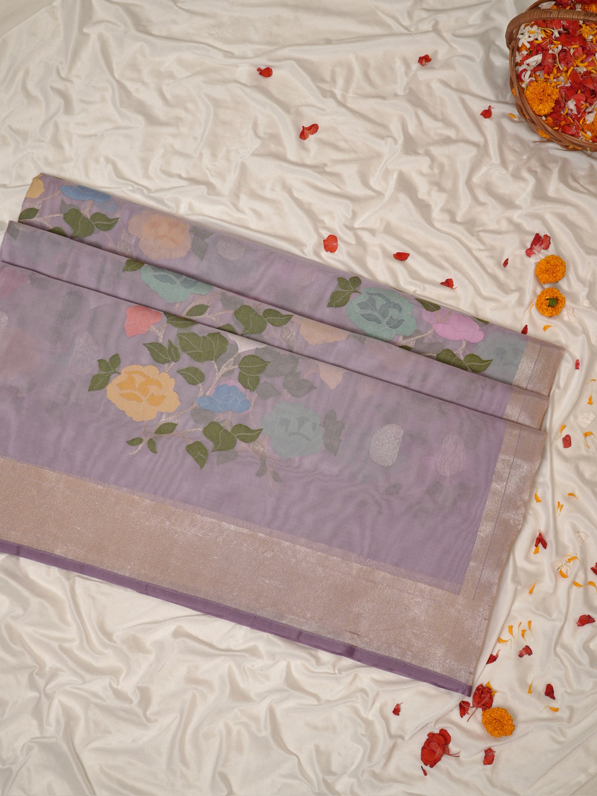 Pure Kora Silk Jamdani Saree in Lavender With Skrt Border Handwoven Saree
