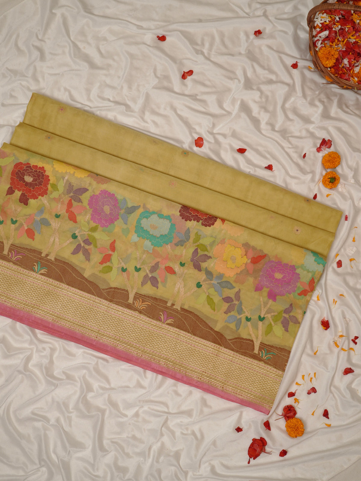 Pure Kora Silk Jamdani Saree in Yellow With Skrt Border Handwoven Saree