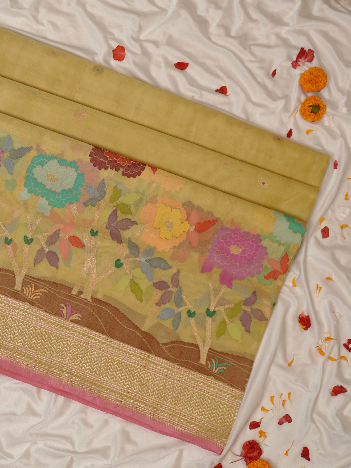Pure Kora Silk Jamdani Saree in Yellow With Skrt Border Handwoven Saree