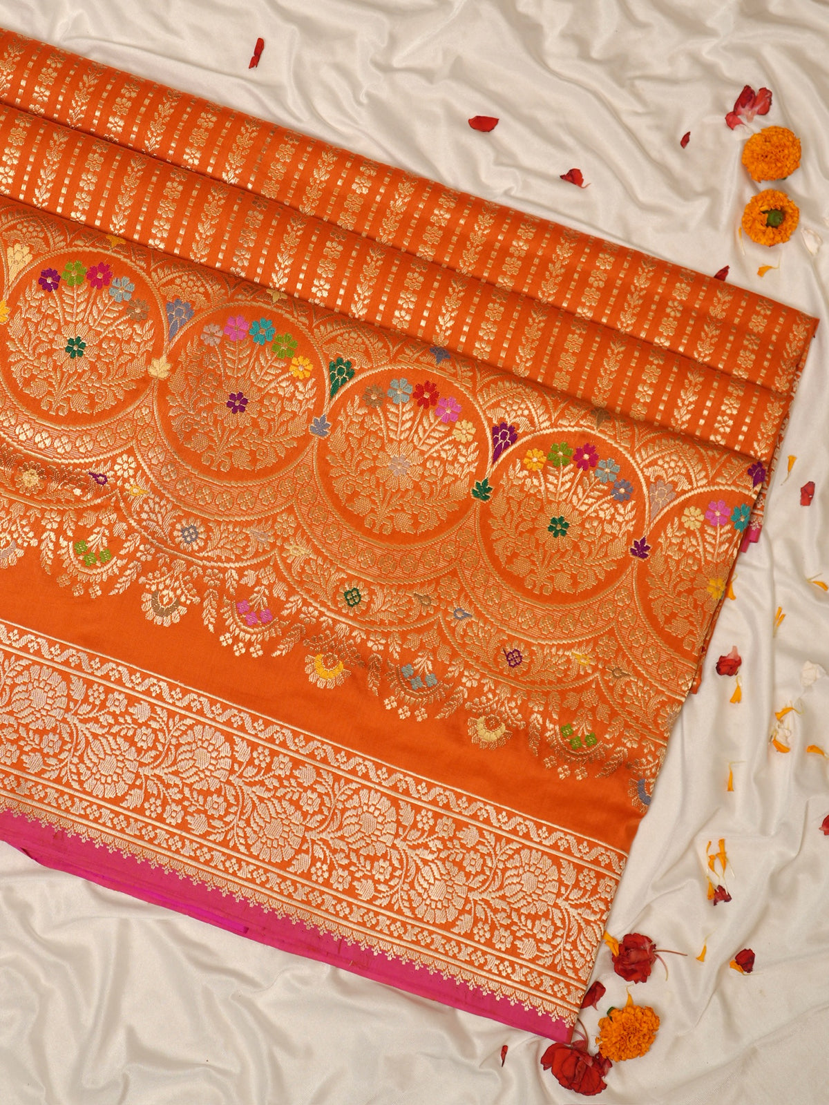 Orange Pure Katan Silk Border Banarasi handwoven Saree