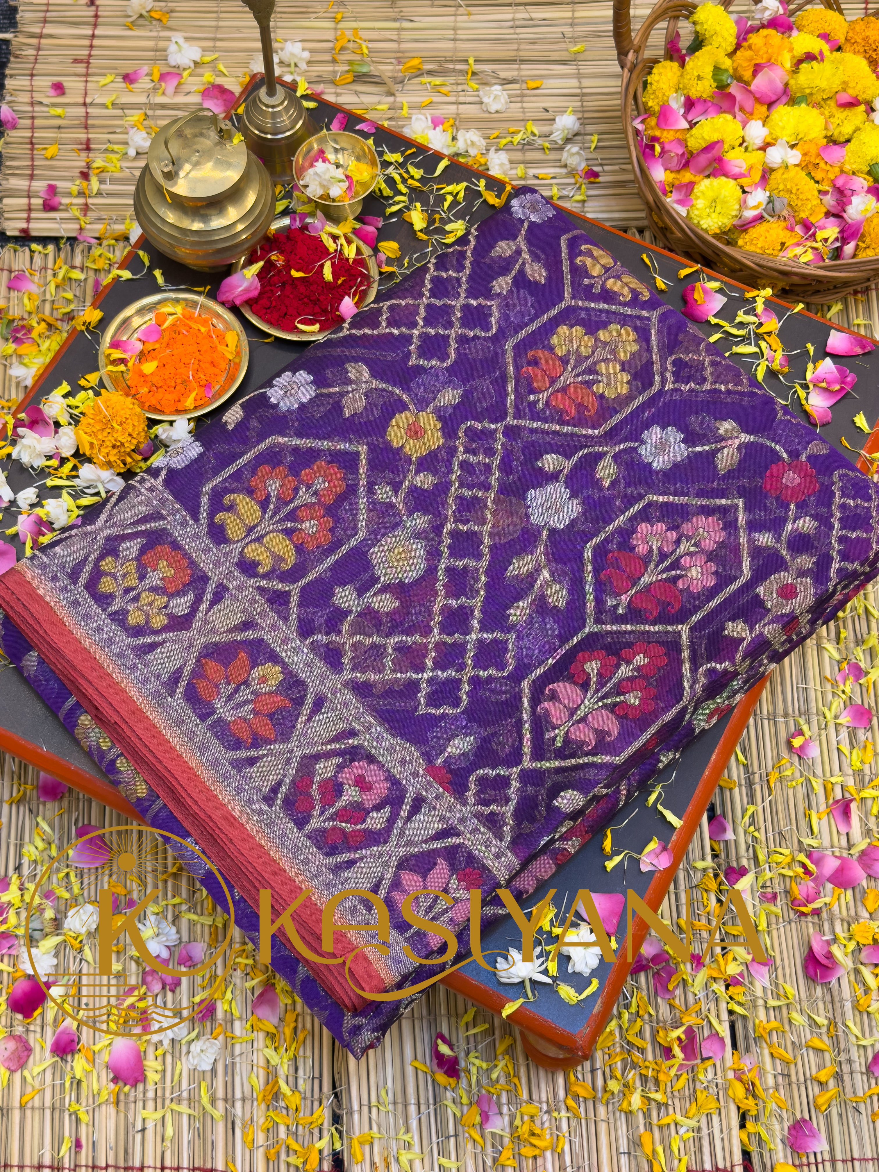 Handwoven Kora Jamdani Silk Saree – Purple with Floral Zari Border