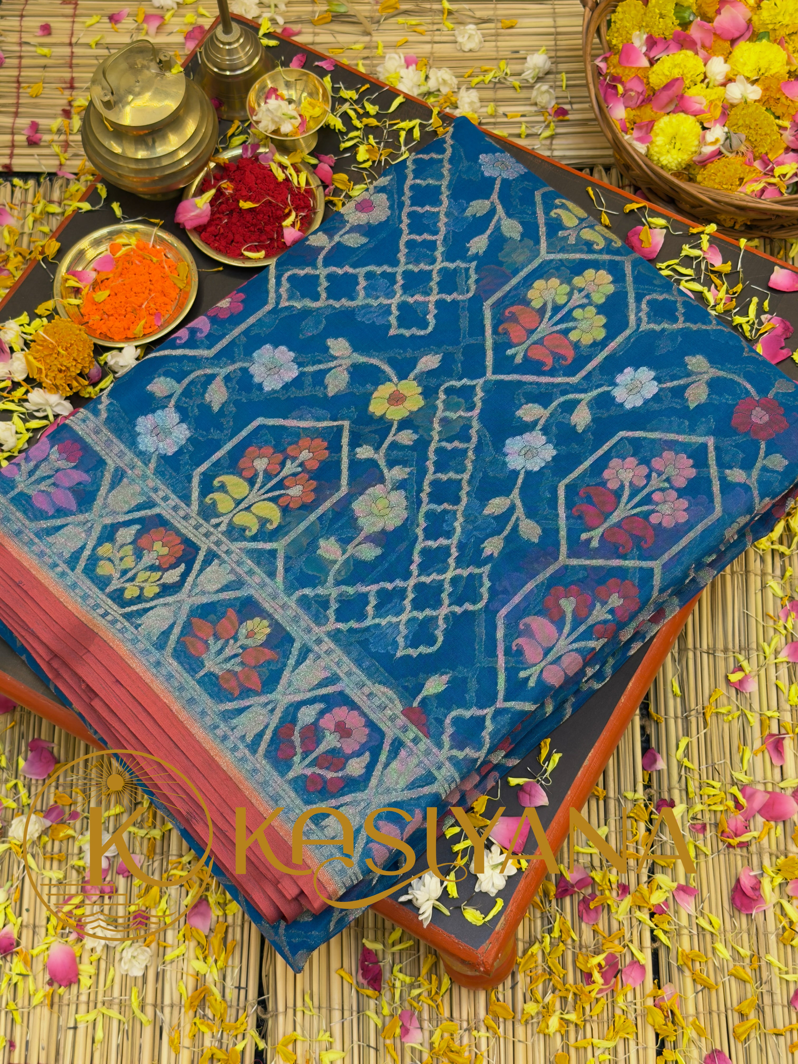 Handwoven Kora Jamdani Silk Saree – Teal Blue with Floral Zari Border