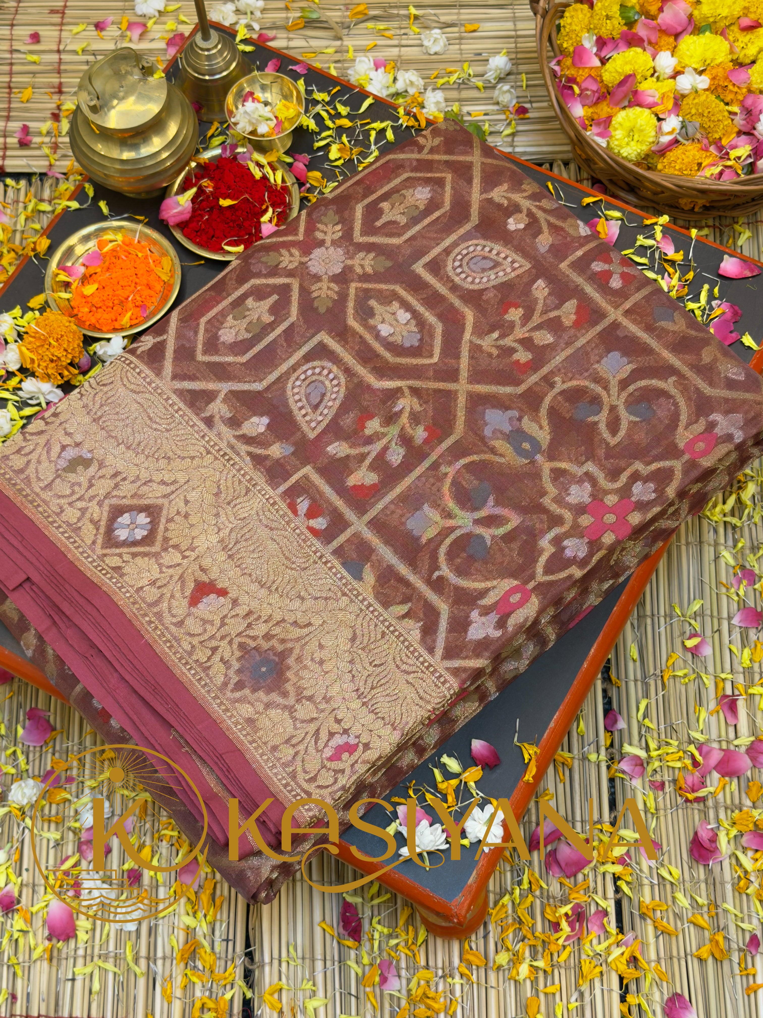 Handwoven Kora Jamdani Silk Saree – Brown with Floral Zari Border