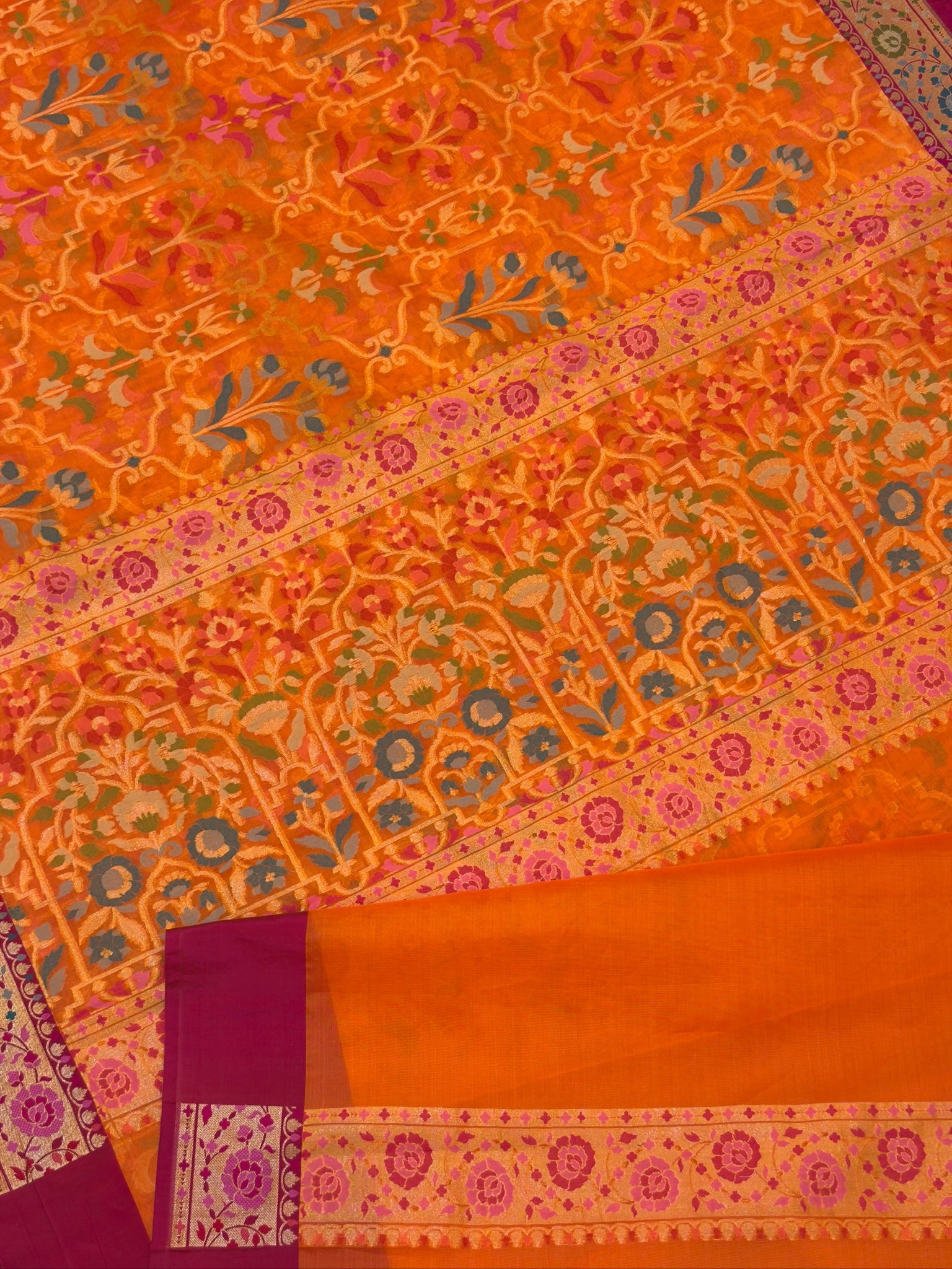 Handwoven Kora Jamdani Silk Saree – Orange with Floral Zari Border