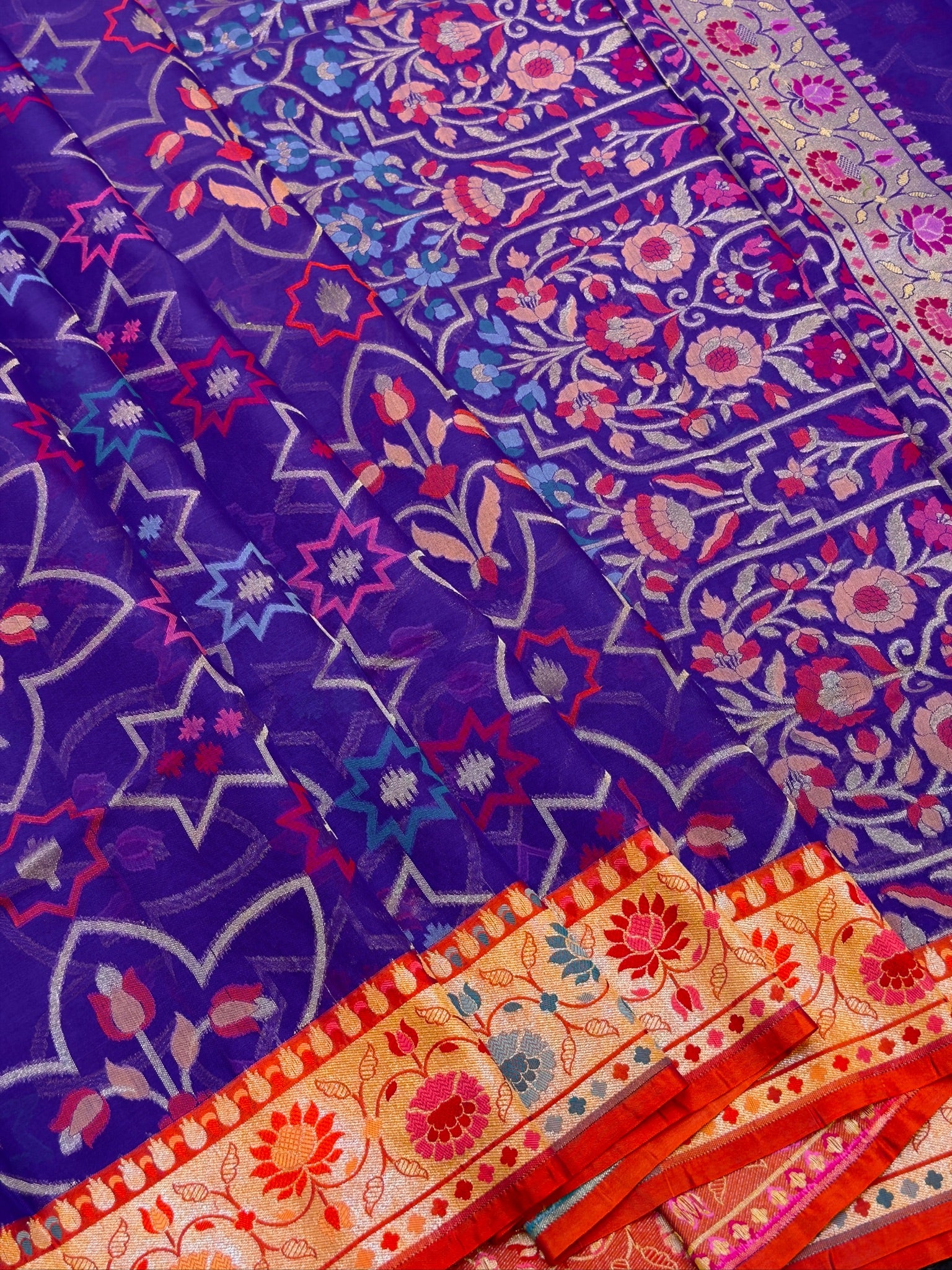 Handwoven Kora Jamdani Silk Saree – Purple with Contrast Floral Zari Border