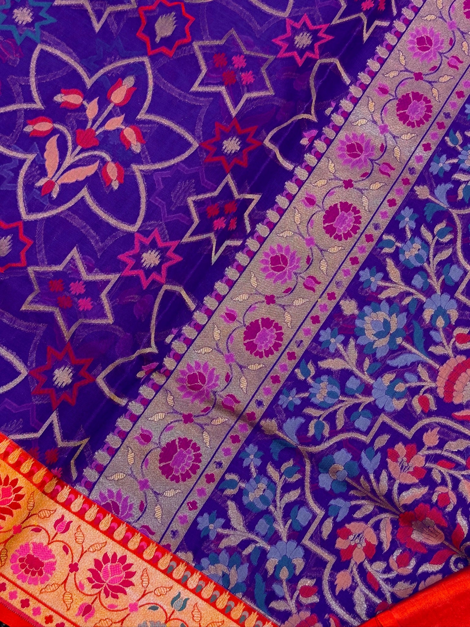 Handwoven Kora Jamdani Silk Saree – Purple with Contrast Floral Zari Border
