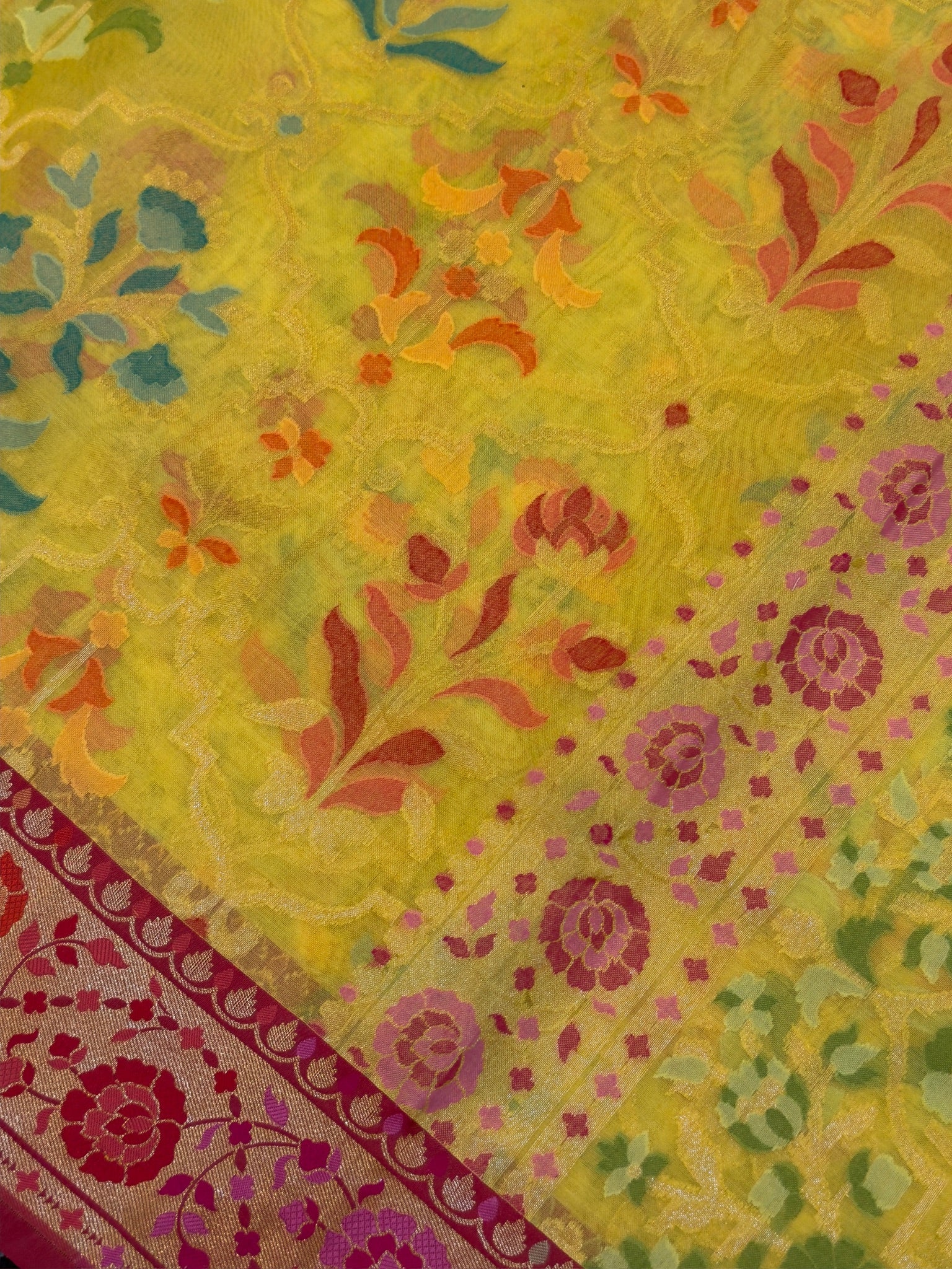 Handwoven Kora Jamdani Silk Saree – Yellow with Contrast Floral Zari Border