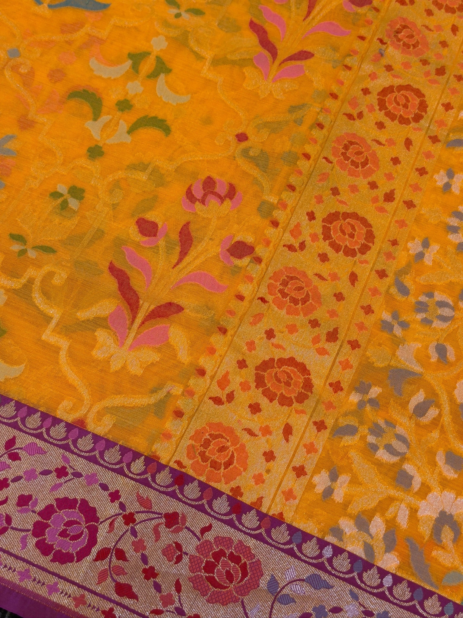 Handwoven Kora Jamdani Silk Saree – Sunflower Yellow with Contrast Floral Zari Border
