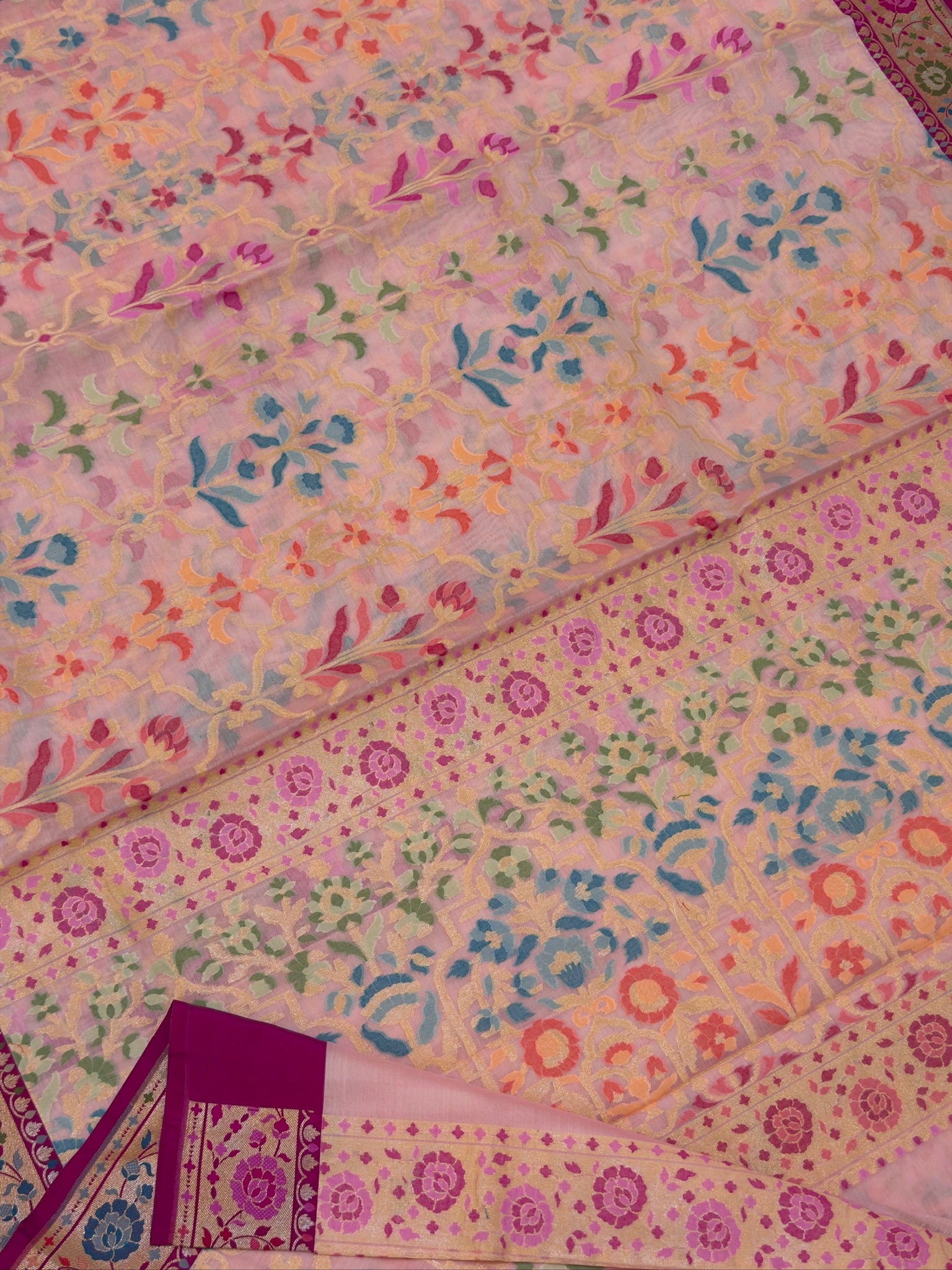 Handwoven Kora Jamdani Silk Saree – Powder Pink with Contrast Floral Zari Border