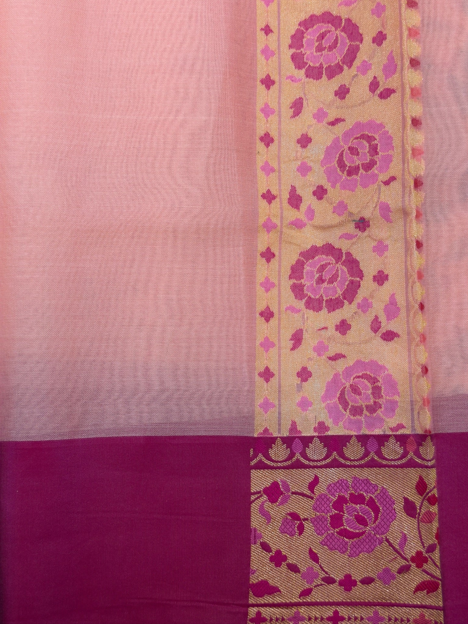 Handwoven Kora Jamdani Silk Saree – Powder Pink with Contrast Floral Zari Border