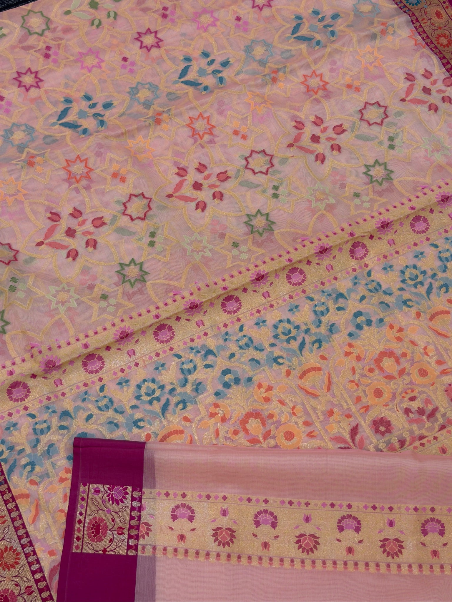 Handwoven Kora Jamdani Silk Saree – Powder Pink with Contrast Floral Zari Border