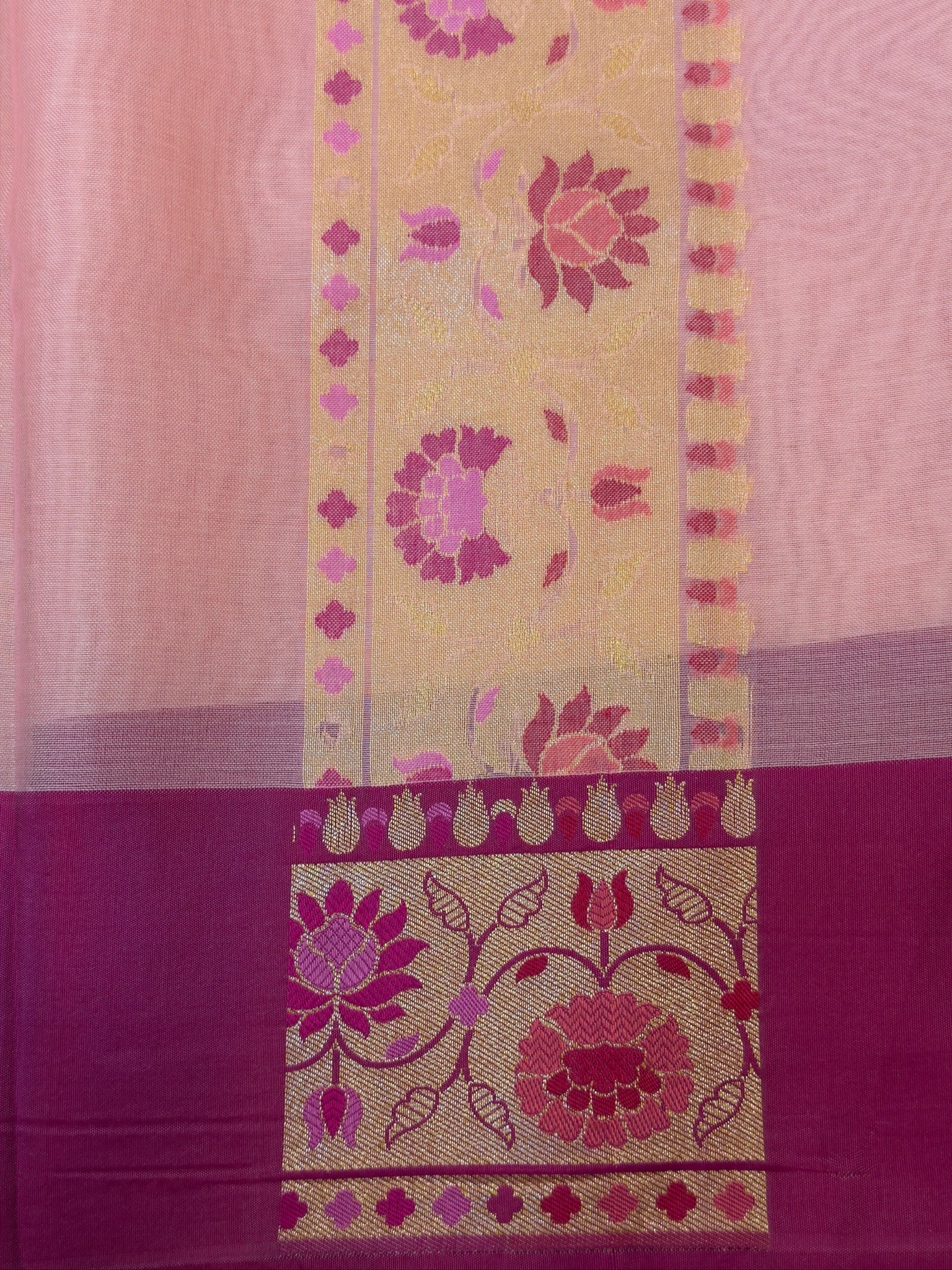 Handwoven Kora Jamdani Silk Saree – Powder Pink with Contrast Floral Zari Border