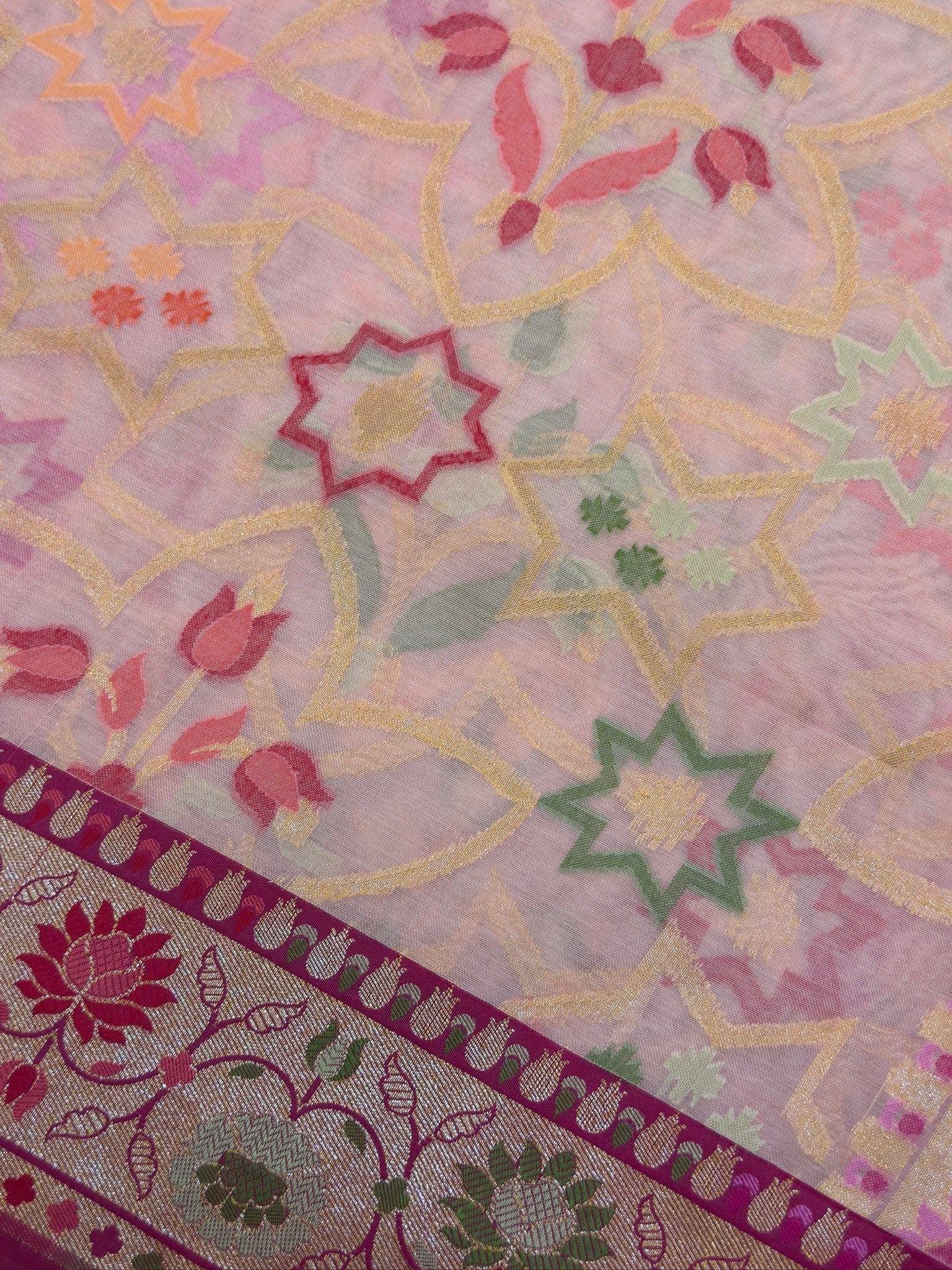 Handwoven Kora Jamdani Silk Saree – Powder Pink with Contrast Floral Zari Border