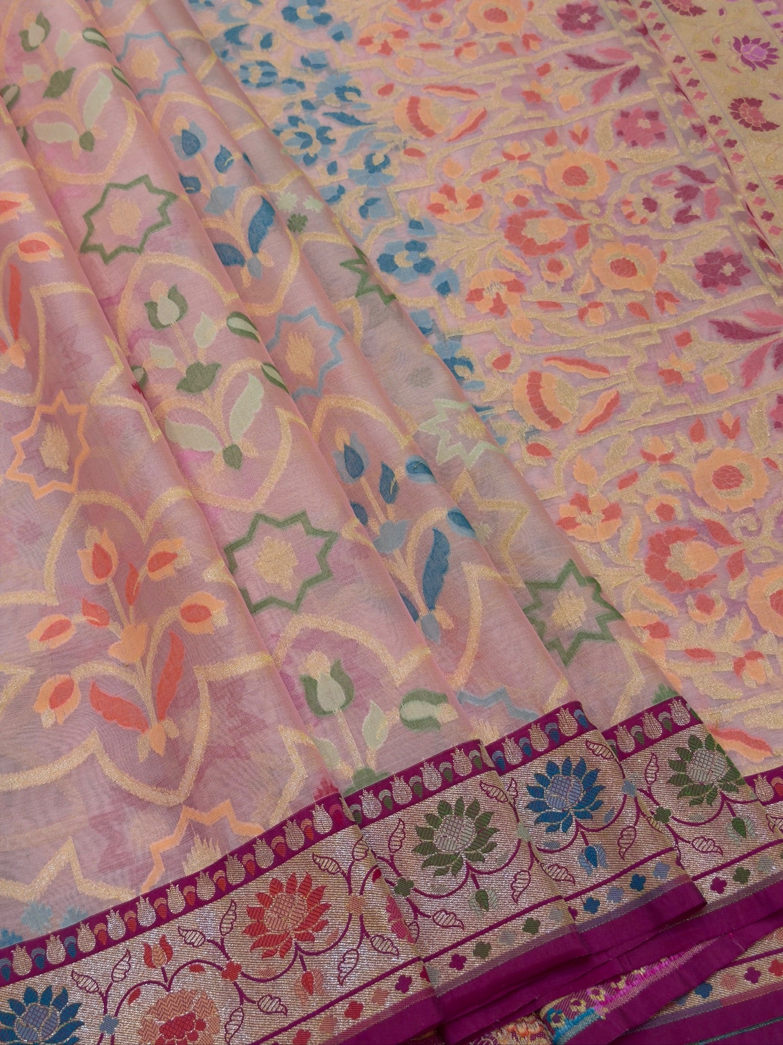 Handwoven Kora Jamdani Silk Saree – Powder Pink with Contrast Floral Zari Border