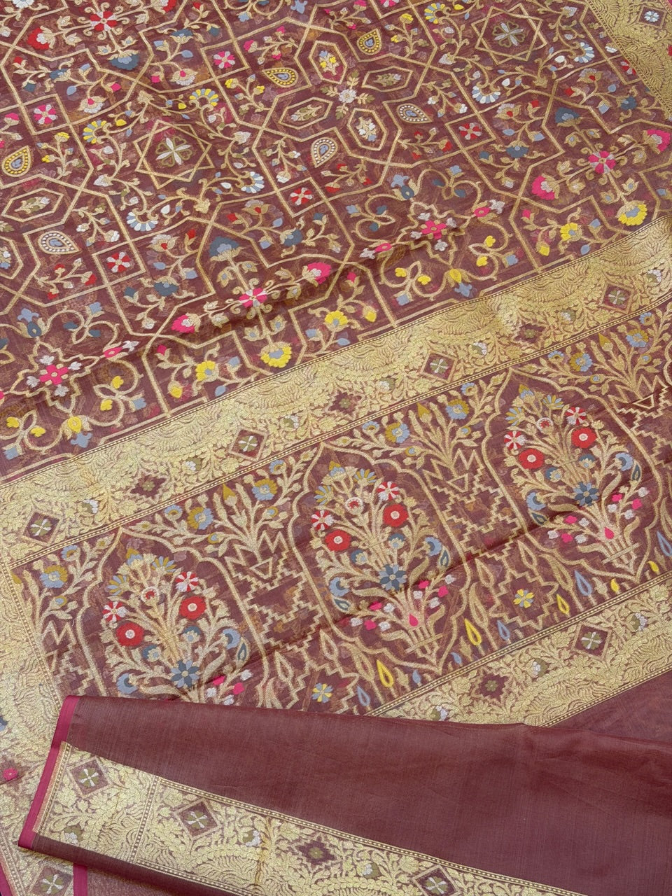 Handwoven Kora Jamdani Silk Saree – Brown with Floral Zari Border