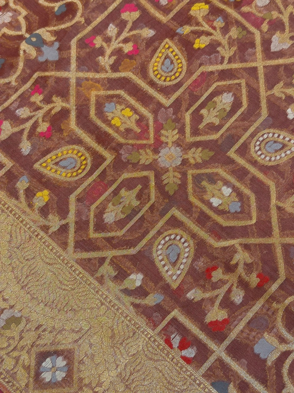 Handwoven Kora Jamdani Silk Saree – Brown with Floral Zari Border