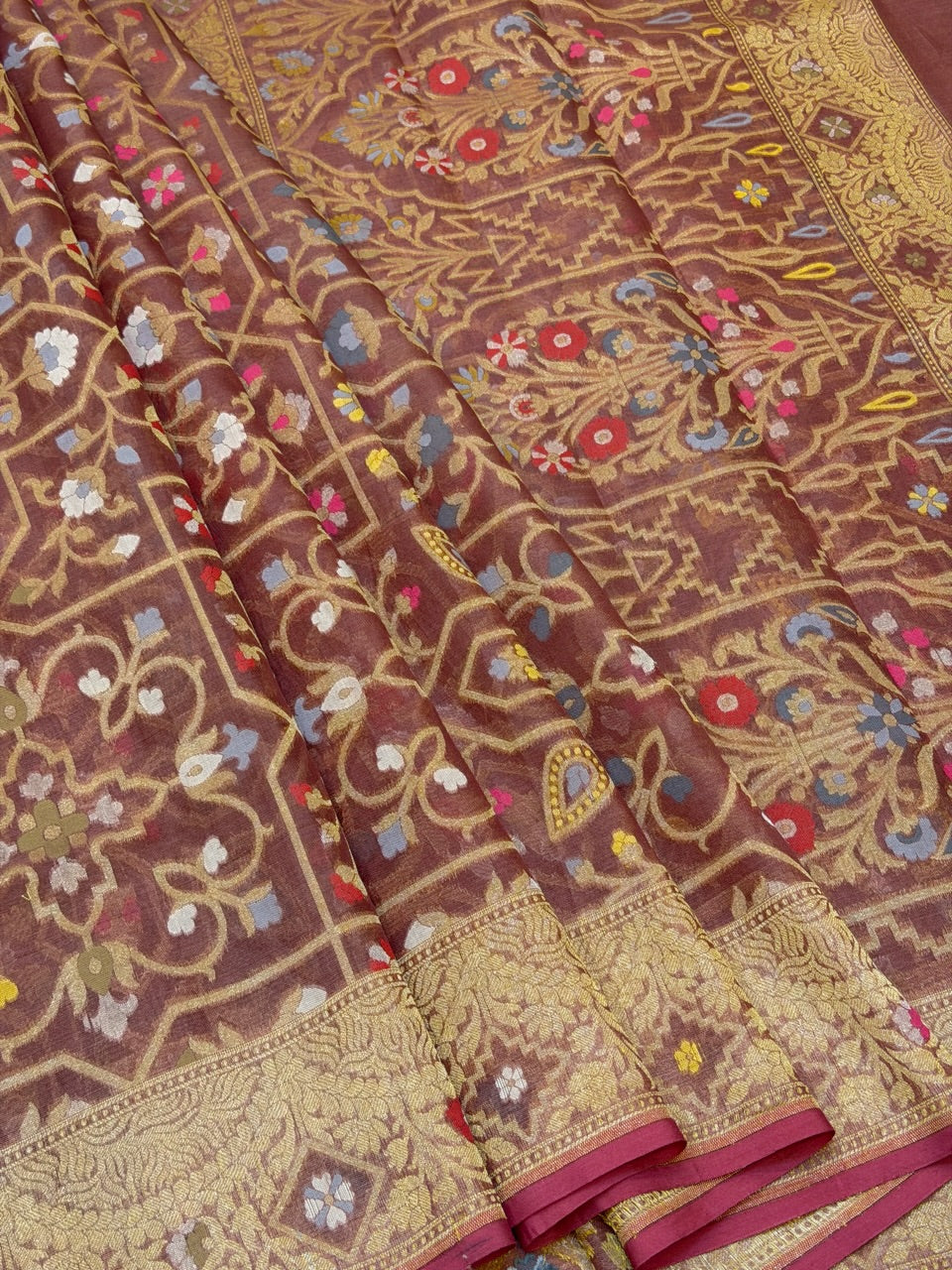 Handwoven Kora Jamdani Silk Saree – Brown with Floral Zari Border
