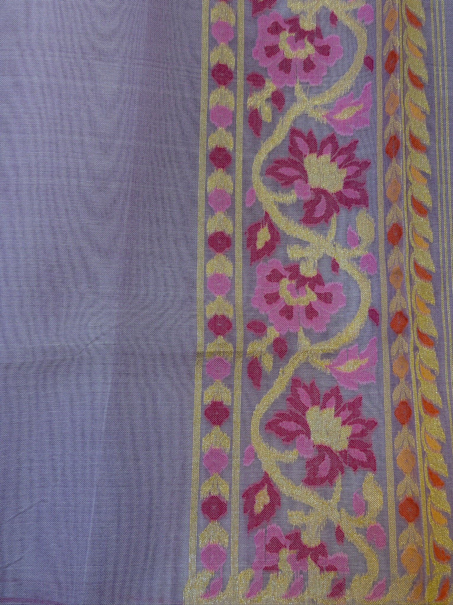 Handwoven Kora Jamdani Silk Saree – Lilac Lavender with Floral Zari Border
