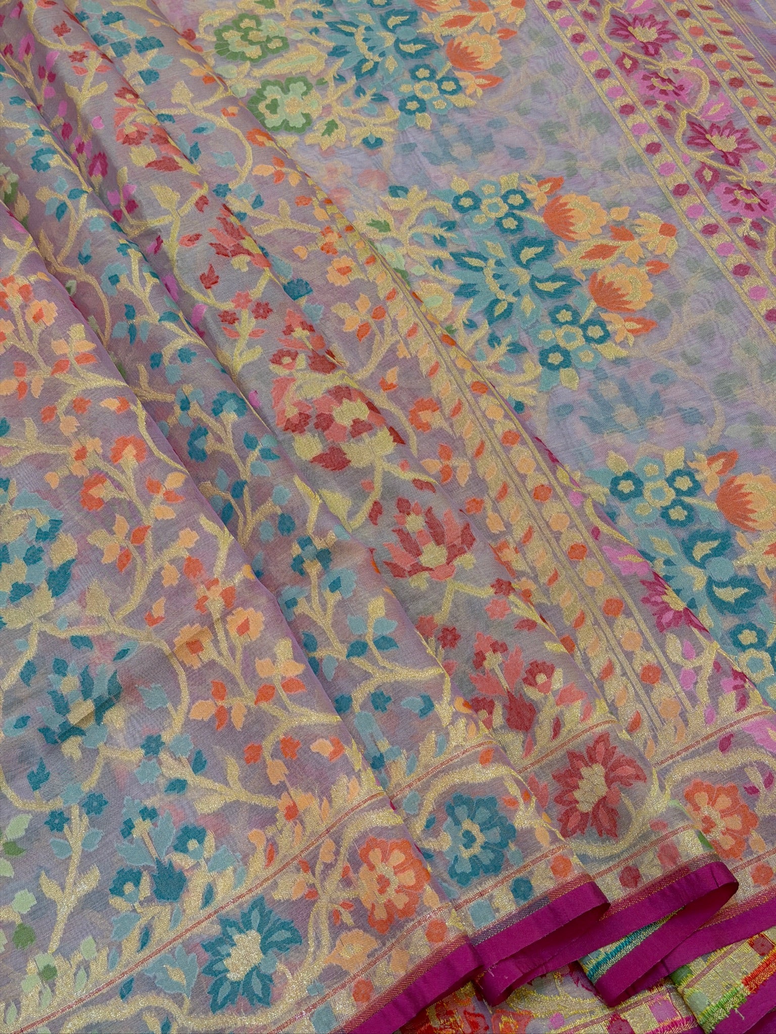 Handwoven Kora Jamdani Silk Saree – Lilac Lavender with Floral Zari Border