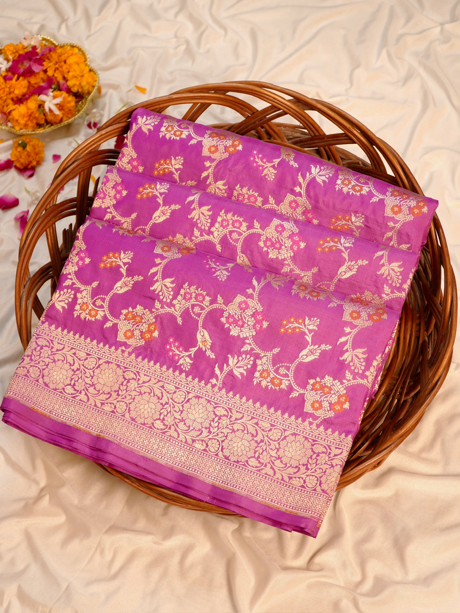 Lavender Pure Katan Silk Saree | Minakari Pattu Style