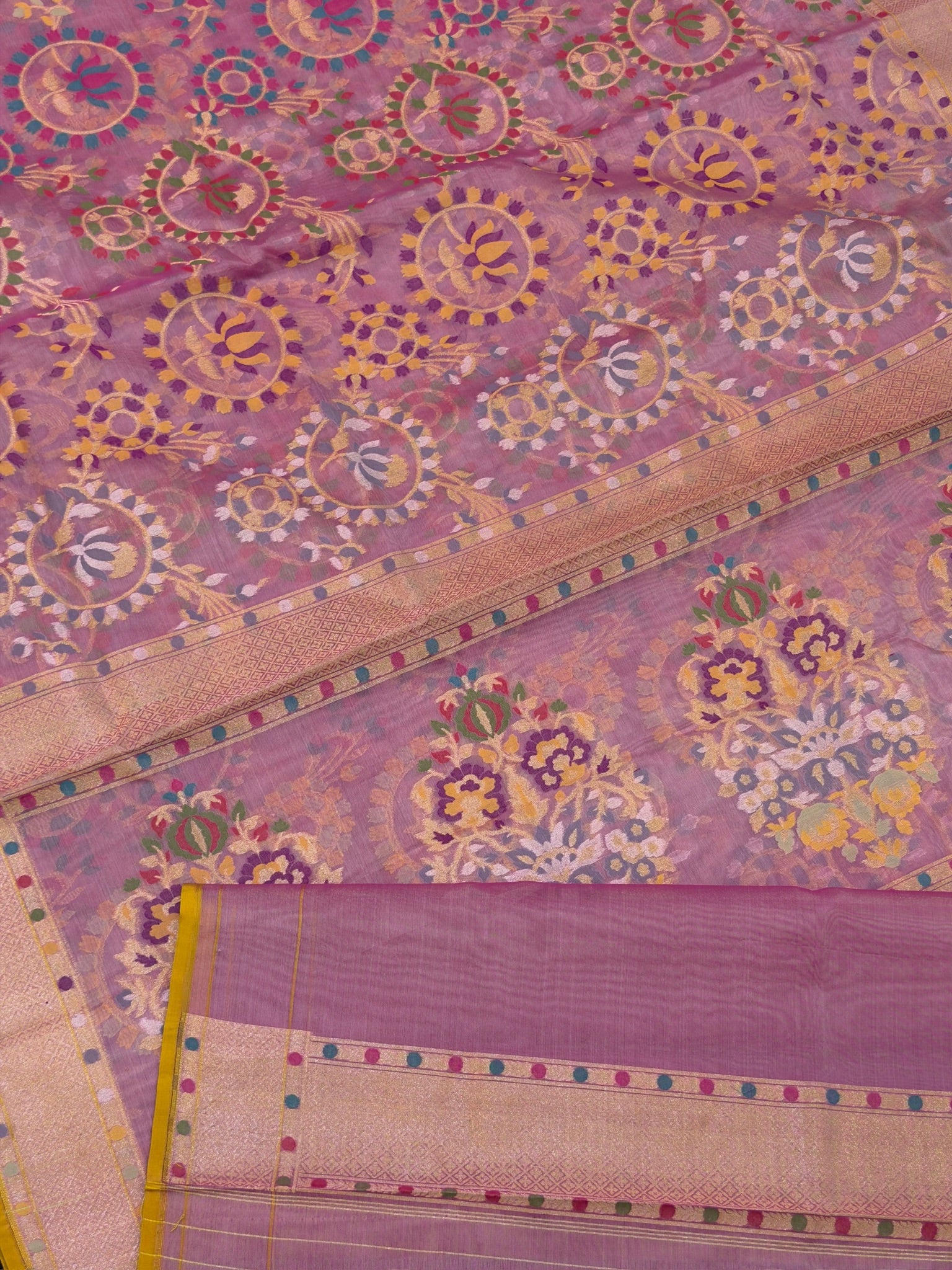 Handwoven Kora Jamdani Silk Saree – Lilac Pink with Floral Zari Border