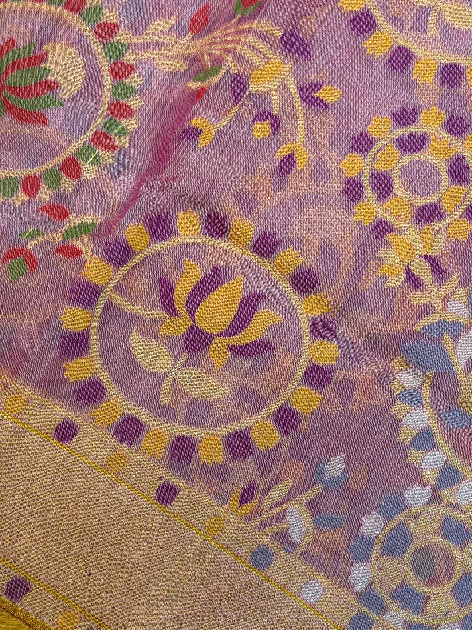 Handwoven Kora Jamdani Silk Saree – Lilac Pink with Floral Zari Border