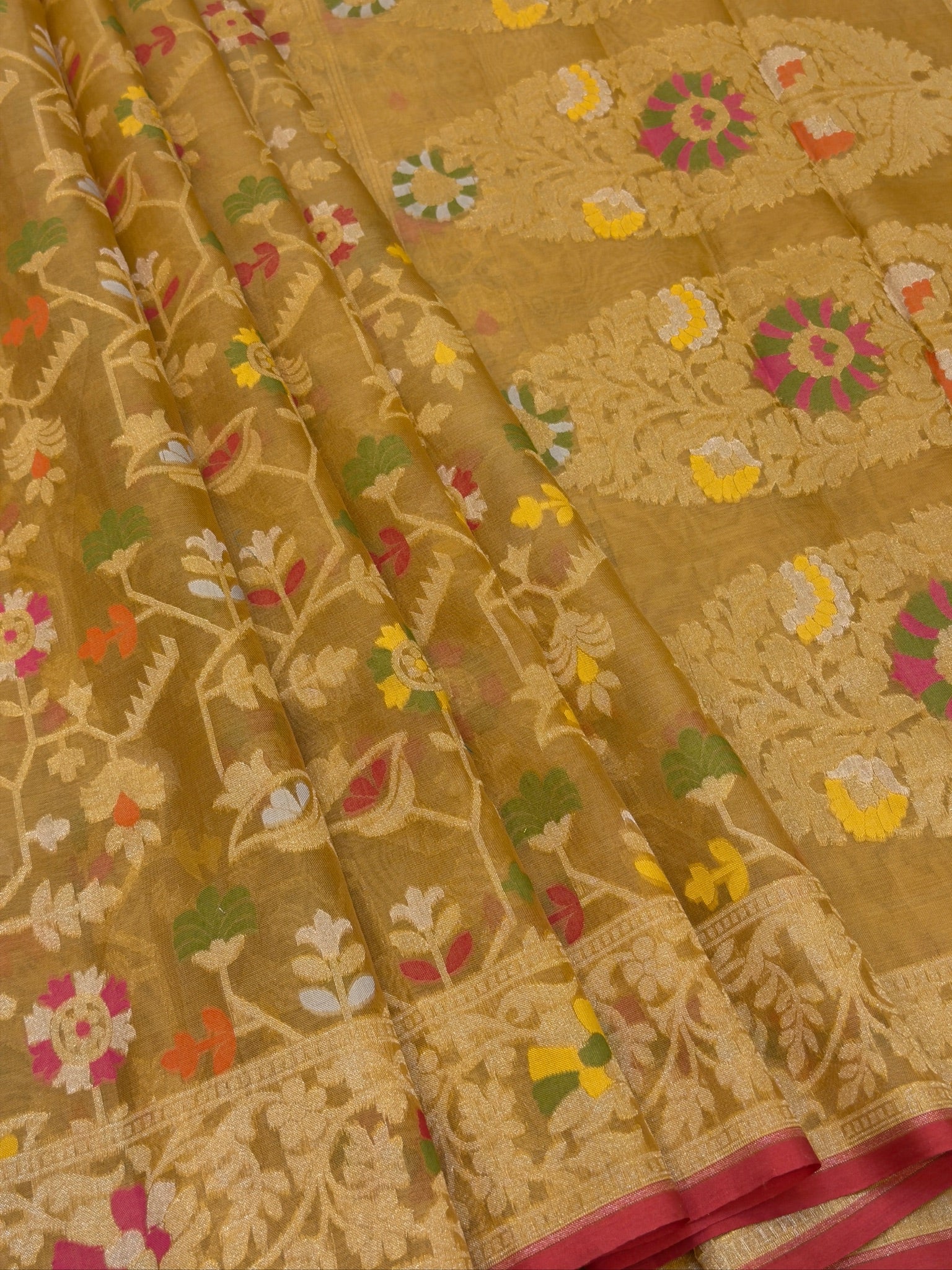 Handwoven Kora Jamdani Silk Saree – Mustard Gold with Floral Zari Border