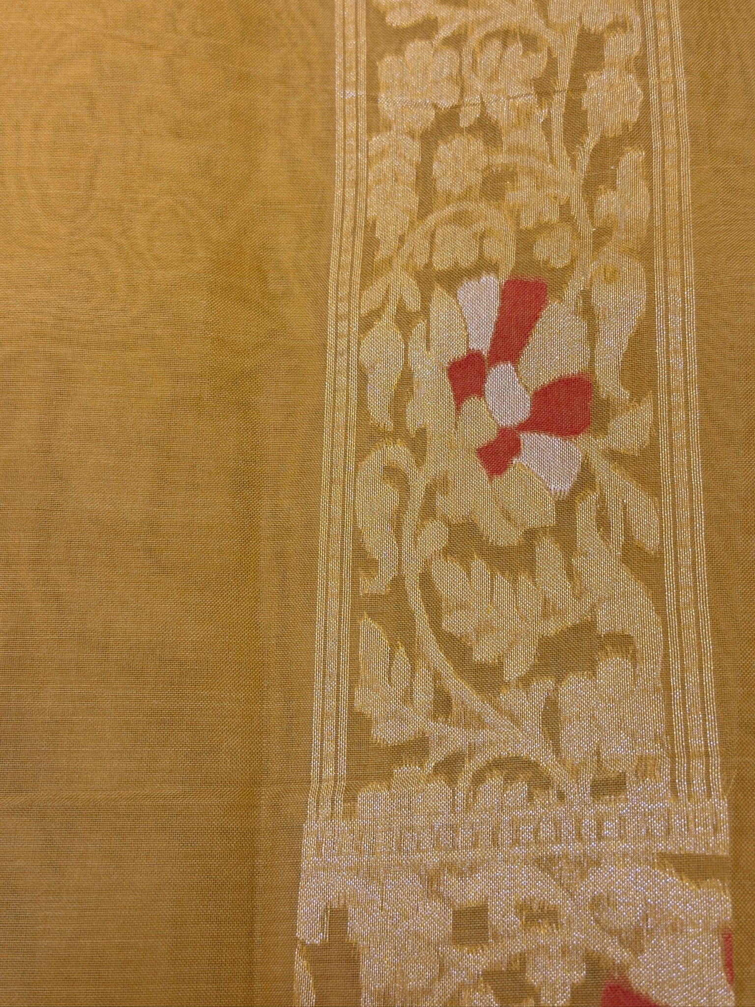 Handwoven Kora Jamdani Silk Saree – Mustard Gold with Floral Zari Border
